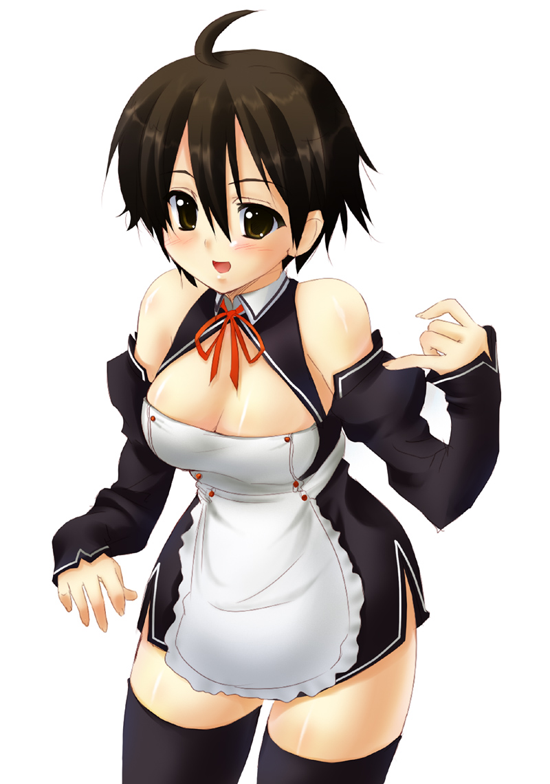 iga tamaki, nao (dream c club), dream c club, dream c club (series), 1girl, ahoge, apron, bare shoulders, breasts, detached sleeves, female focus, simple background, solo, thighhighs, white background