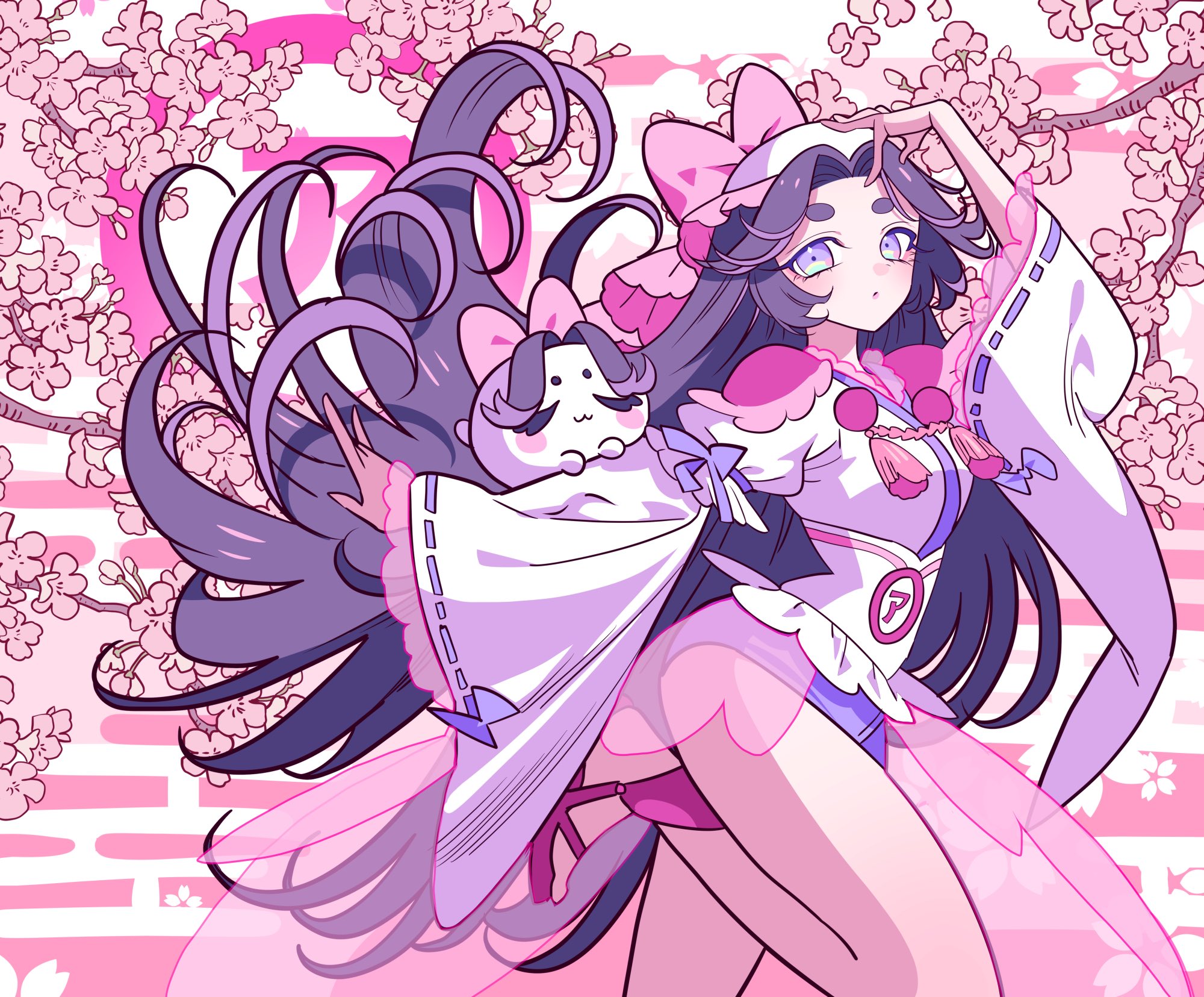 meremero, azuma sara, sarazanmai, bad id, bad twitter id, highres, translation request, 1girl, arm up, bow, cherry blossoms, creature, floating hair, floral background, hair bow, japanese clothes, long hair, long sleeves, looking at viewer, parted bangs, pink bow, purple eyes, purple hair, shirt, solo, standing, standing on one leg, tassel, very long hair, white shirt, wide sleeves