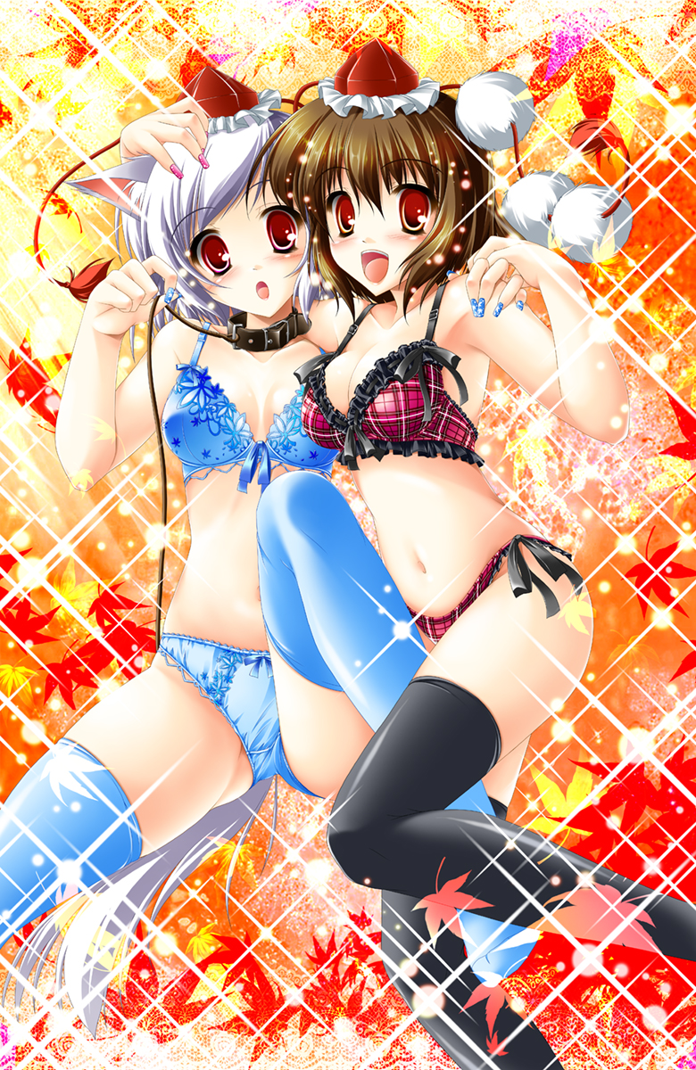 kamiya tomoe, inubashiri momiji, shameimaru aya, touhou, silver hair, highres, 2girls, animal ears, black thighhighs, blue nails, blue panties, blue thighhighs, bra, brown hair, collar, female focus, fingernails, front-tie top, hat, heavy lens flare, leash, lens flare, lingerie, long fingernails, multiple girls, nail art, nail polish, navel, panties, red eyes, short hair, side-tie panties, tail, thighhighs, tokin hat, underwear, underwear only, wolf ears, wolf tail