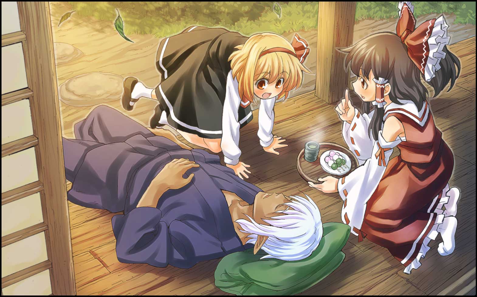 sakino shingetsu, buront, elvaan, hakurei reimu, rumia, embodiment of scarlet devil, final fantasy, final fantasy xi, the iron of yin and yang, touhou, silver hair, 00s, 1boy, 2girls, blonde hair, bow, brown hair, crossover, detached sleeves, elf, hair ribbon, half updo, japanese clothes, miko, multiple girls, pointy ears, red eyes, ribbon, short hair