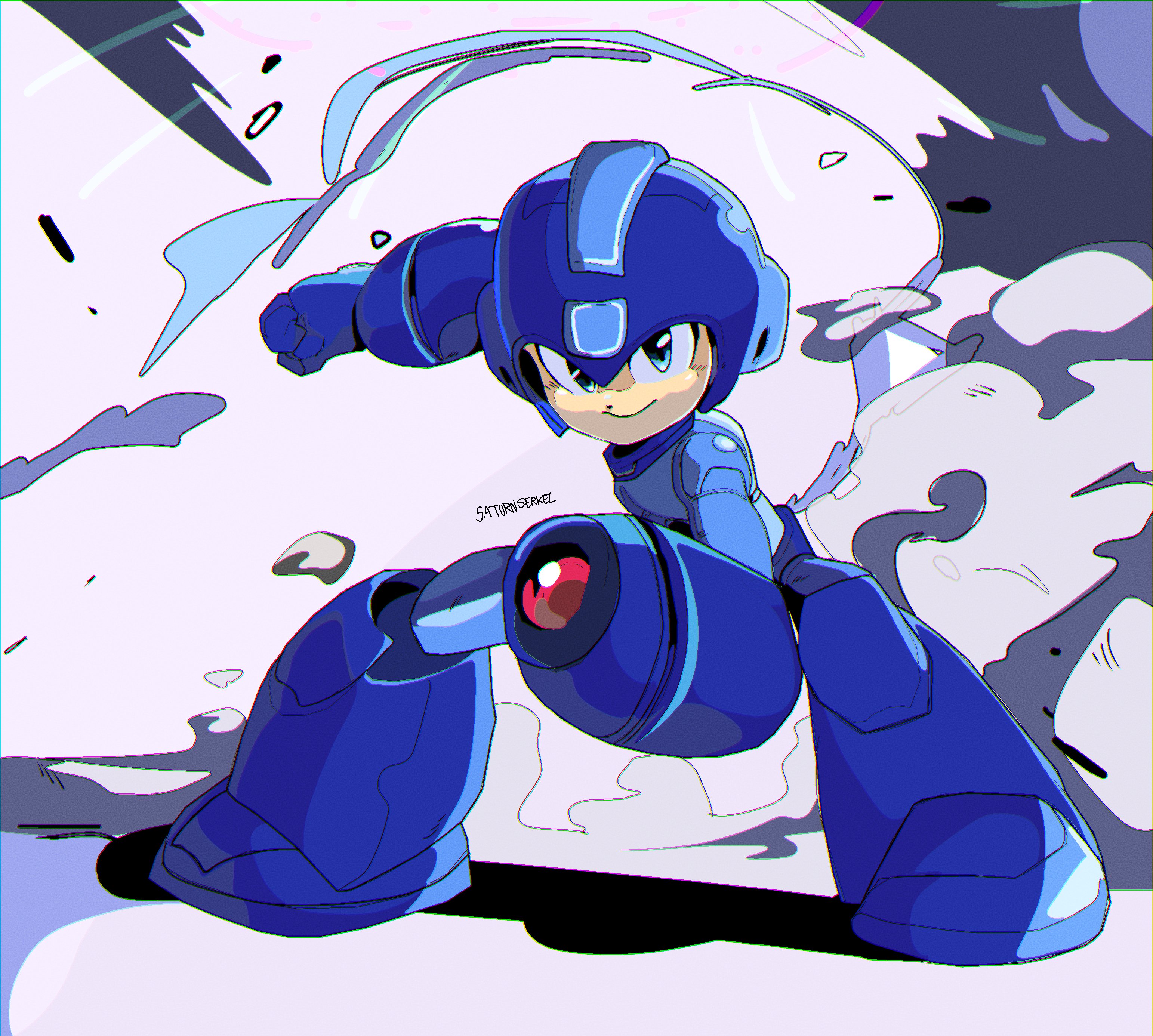 saturnserkel, mega man (character), capcom, mega man: dual override, mega man (classic), mega man (series), absurdres, commentary, english commentary, highres, 1boy, 2025, arm cannon, armor, artist name, black trim, blue armor, blue bodysuit, blue eyes, blue gloves, bodysuit, clenched hand, closed mouth, dot nose, dynamic pose, exhaust, full body, gloves, helmet, humanoid robot, joints, male focus, mechabare, night, robot, robot joints, serious, shadow, smile, smoke, solo, squatting, standing, weapon, white background