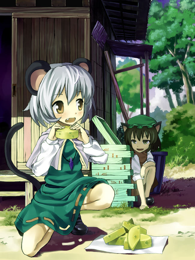 hidebo, chen, nazrin, touhou, bad id, bad pixiv id, 2girls, animal ears, brown hair, cat ears, cat girl, cat tail, cheese, fang, female focus, food, grey hair, hat, jewelry, mouse ears, mouse tail, multiple girls, pendant, short hair, tail, yellow eyes, you gonna get raped