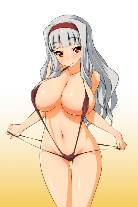 nekomamire, shijou takane, idolmaster, idolmaster (classic), bad id, bad pixiv id, 00s, 1girl, :>, adjusting clothes, adjusting swimsuit, bikini pull, breasts, cleavage, clothes pull, female focus, grey hair, hairband, huge breasts, large breasts, long hair, navel, pulling own clothes, red eyes, slingshot swimsuit, solo, swimsuit, thigh gap
