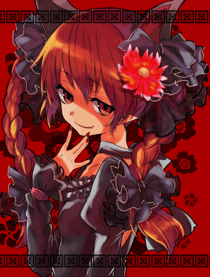 miya (tsumazukanai), kaenbyou rin, touhou, bad id, bad pixiv id, 1girl, animal ears, braid, cat ears, cat girl, fang, female focus, fingernails, flower, hair flower, hair ornament, hair ribbon, long fingernails, red eyes, red hair, ribbon, short hair, solo, staring, twin braids, twintails