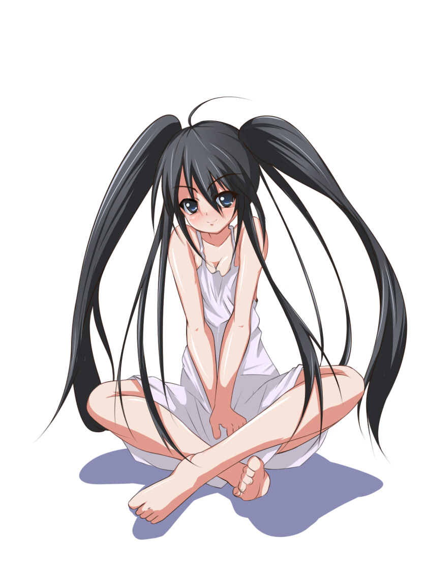 benibana, shana, shakugan no shana, bad id, bad pixiv id, 00s, 1girl, barefoot, black eyes, black hair, crossed legs, dress, feet, female focus, indian style, long hair, sitting, smile, solo, sundress, twintails