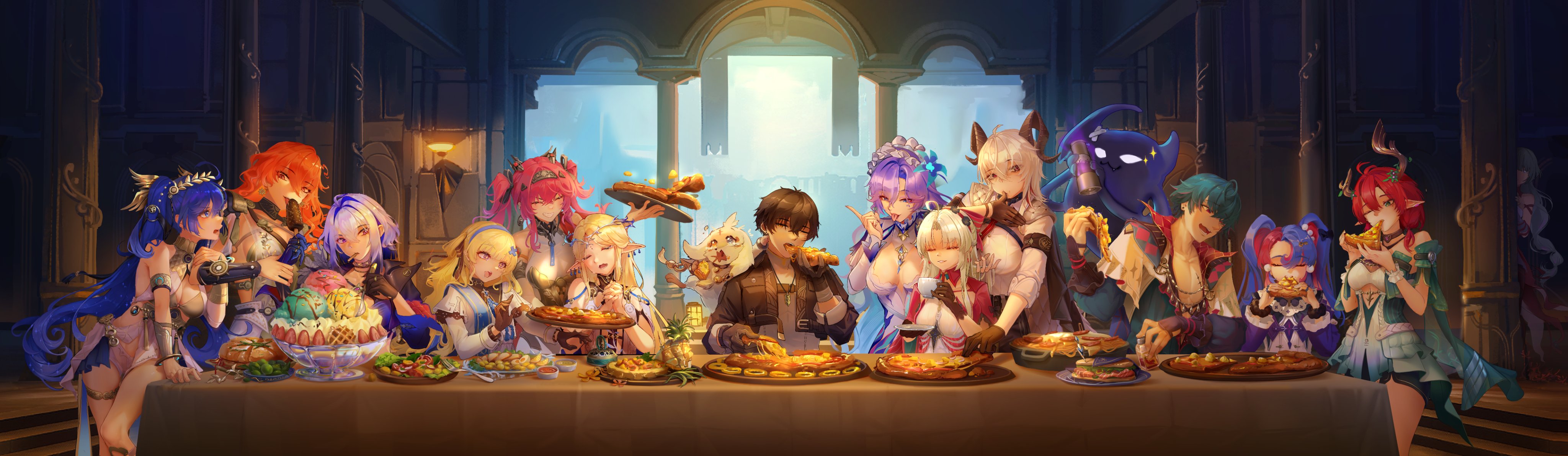 barrier mao, abby (wuthering waves), augusta (wuthering waves), brant (wuthering waves), cantarella (wuthering waves), carlotta (wuthering waves), cartethyia (wuthering waves), ciaccona (wuthering waves), galbrena (wuthering waves), iuno (wuthering waves), lupa (wuthering waves), male rover (wuthering waves), phoebe (wuthering waves), roccia (wuthering waves), rover (wuthering waves), zani (wuthering waves), the last supper, wuthering waves, absurdres, commentary, english commentary, highres, 2boys, 6+girls, ancient greek clothes, armlet, black hair, black horns, black jacket, blonde hair, blue eyes, blue flower, blue hair, breasts, curled horns, dress, everyone, fine art parody, flower, food, greco-roman clothes, green jacket, grey hair, hair flower, hair ornament, headdress, horns, jacket, jewelry, large breasts, laurel crown, long hair, multiple boys, multiple girls, orange hair, parody, pero (wuthering waves), pink hair, pizza, pointy ears, red hair, shirt, thighlet, thighs, tree horns, twintails, vambraces, white dress, white shirt