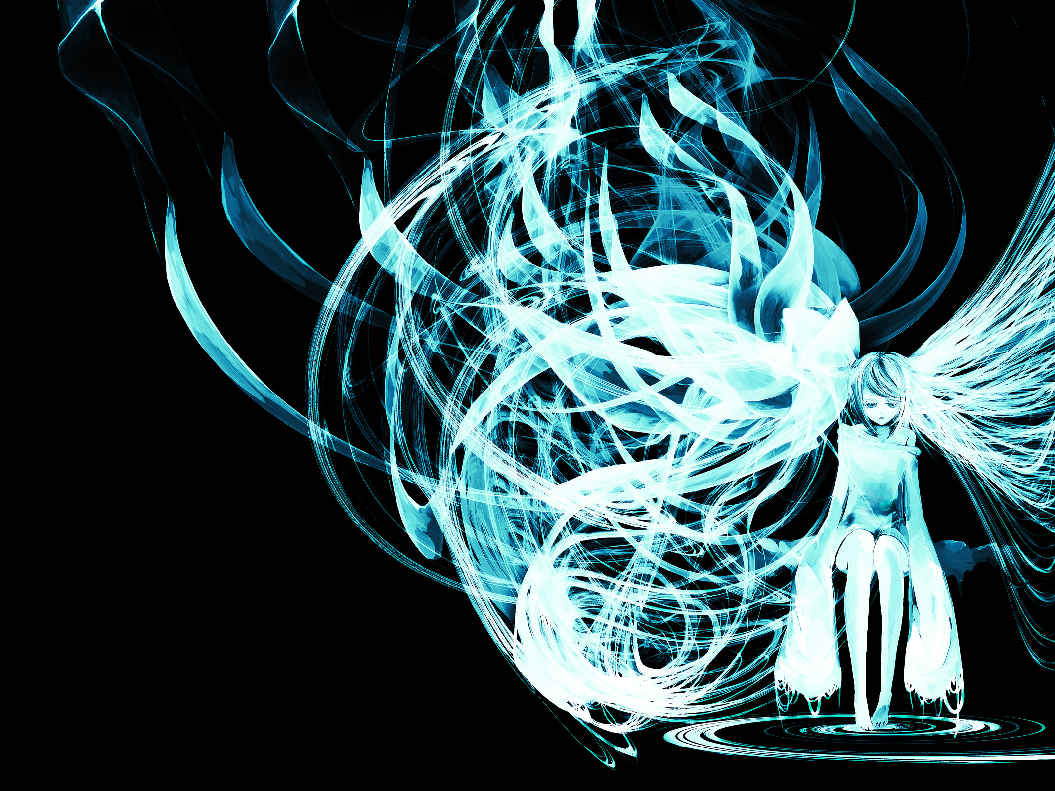 memai, bad id, bad pixiv id, highres, 1girl, abstract, blue hair, blue theme, expressionless, female focus, legs, long hair, long sleeves, looking at viewer, monochrome, off shoulder, sitting, sleeves past wrists, solo, very long hair, water