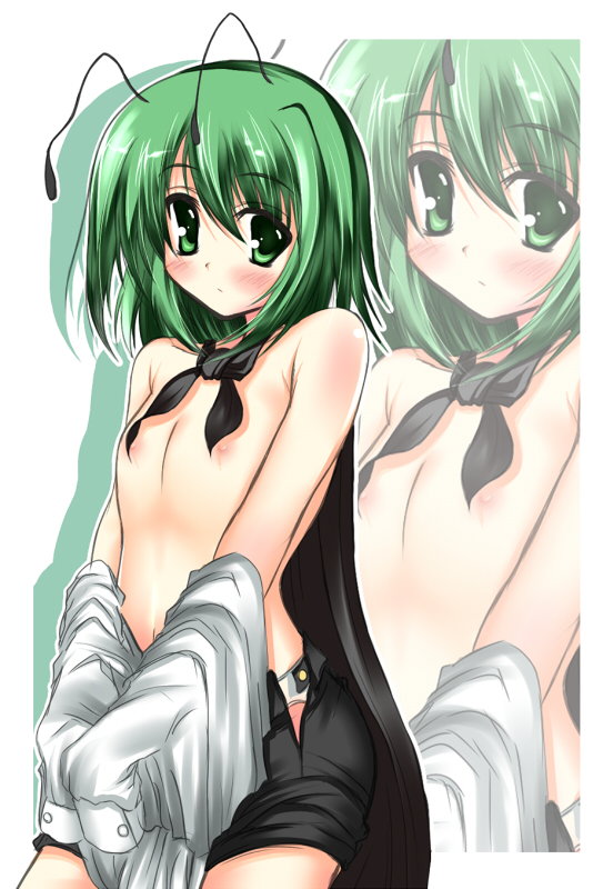 nozomi tsubame, wriggle nightbug, touhou, bad id, 1girl, antennae, blush, cape, female focus, flat chest, green eyes, green hair, matching hair/eyes, nipples, off shoulder, panties, shirt, short hair, shorts, shy, solo, topless female, underwear, undressing, white shirt, zoom layer