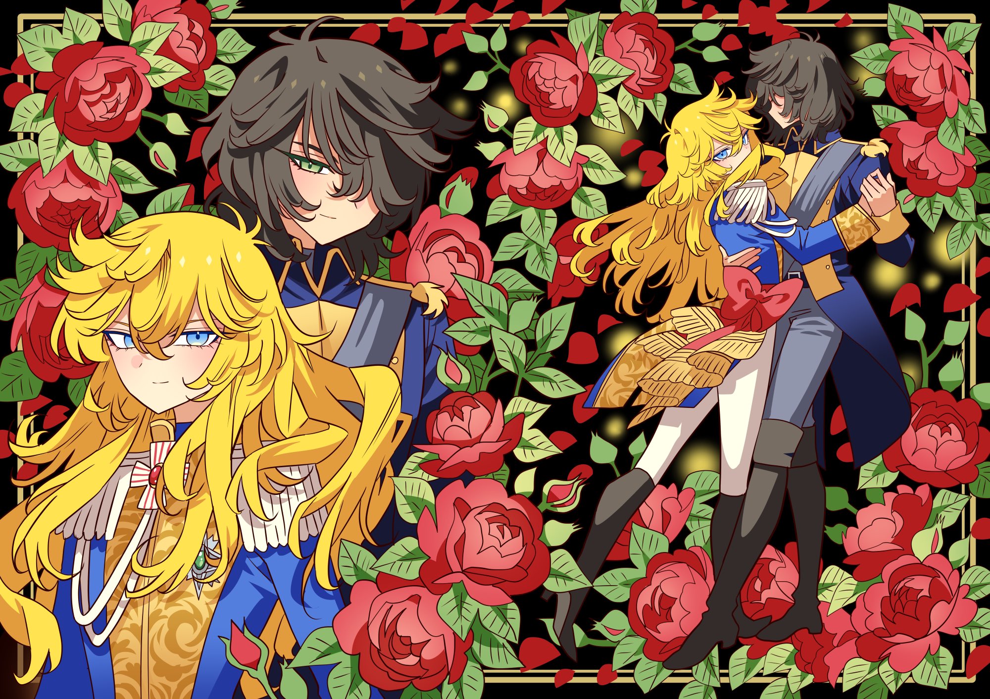 meremero, andre grandier, oscar francois de jarjayes, versailles no bara, bad id, bad twitter id, highres, 1boy, 1girl, black background, black boots, black hair, blonde hair, blue eyes, blue jacket, boots, closed mouth, epaulettes, floral background, flower, full body, hair between eyes, hair over one eye, holding hands, jacket, long hair, long sleeves, looking at viewer, multiple views, pants, profile, red flower, red rose, rose, short hair, smile, standing, white pants