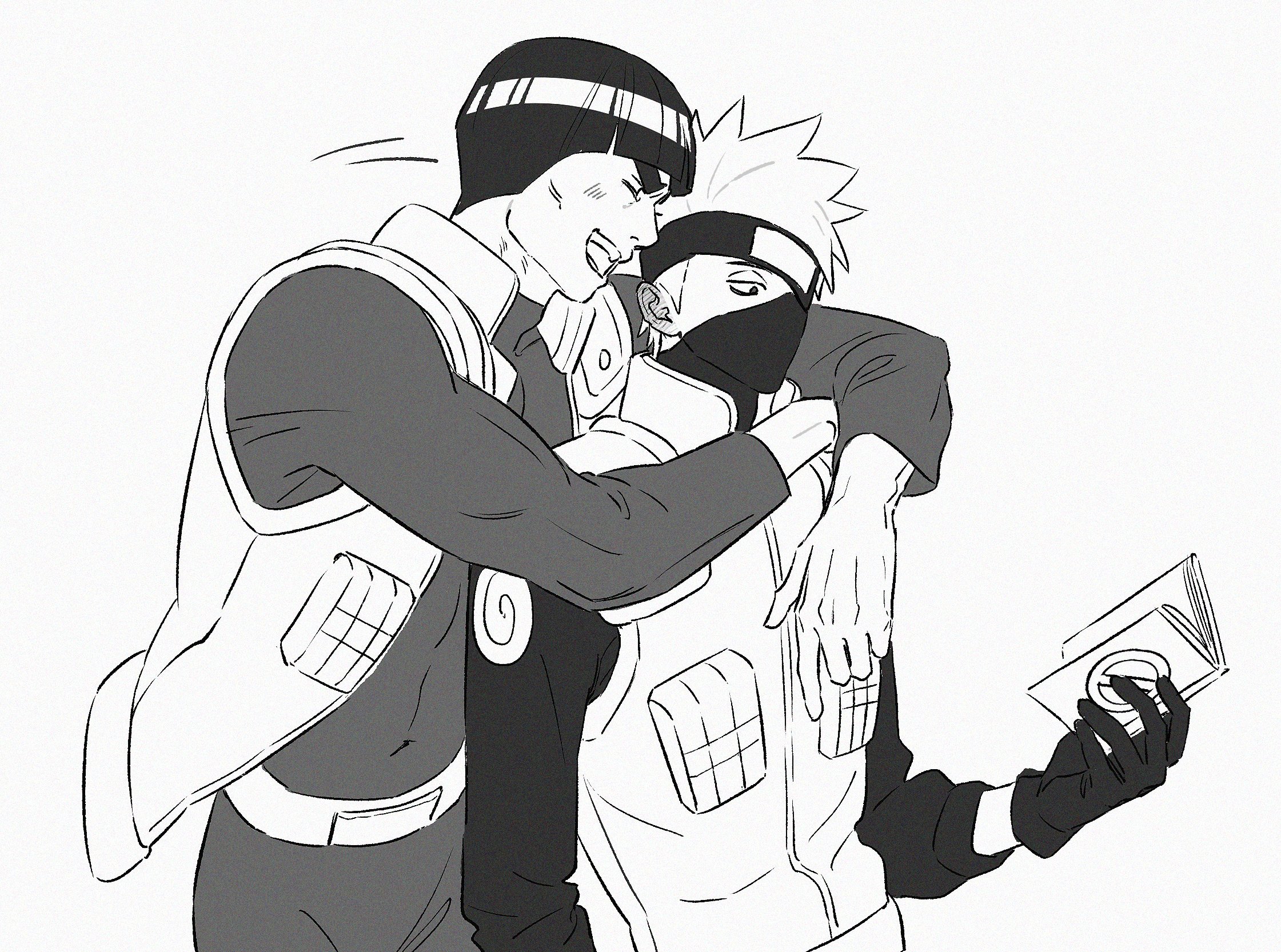 hatake kakashi, might guy, naruto (series), commentary request, highres, korean commentary, 2boys, arms around neck, black gloves, black hair, black mask, black shirt, blunt bangs, blush, bodysuit, book, bowl cut, closed eyes, ear blush, flak jacket, gloves, greyscale, headband over one eye, holding, holding book, hug, hug from behind, jacket, konohagakure shinobi uniform, m0 mo momo, male focus, mask, monochrome, mouth mask, multiple boys, open mouth, reading, shirt, short hair, smile, spiked hair, thick eyebrows, upper body, vest, white background