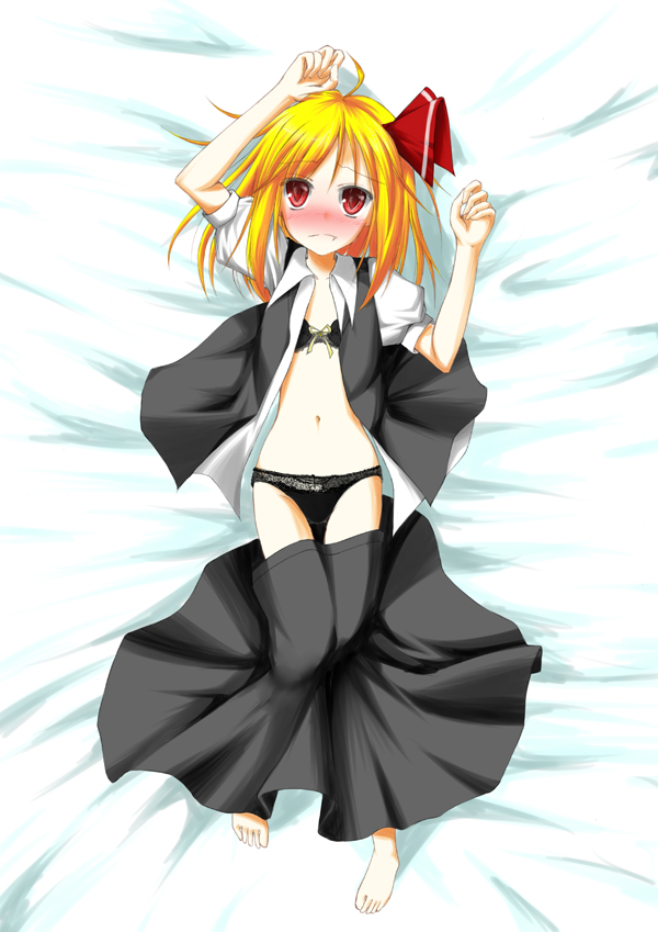 sakura yuuya, yuuya, rumia, embodiment of scarlet devil, touhou, 1girl, ahoge, barefoot, black bra, black panties, blonde hair, blush, bra, dakimakura (medium), feet, female focus, flat chest, full body, hair ribbon, lingerie, loli, lying, navel, open clothes, open shirt, panties, red eyes, ribbon, shirt, short hair, skirt, solo, underwear, undressing