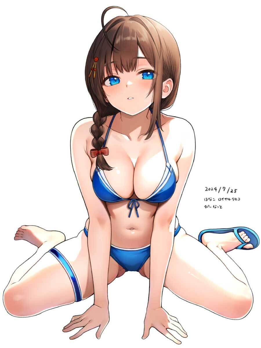 hanako (peanut), shigure (kancolle), shigure kai san (kancolle), shigure kai san (swimsuit) (kancolle), kantai collection, commentary request, highres, 1girl, ahoge, bikini, blue bikini, blue eyes, blush, braid, breasts, brown hair, dated, hair between eyes, hair flaps, hair over shoulder, long hair, looking at viewer, medium breasts, navel, official alternate costume, single braid, sitting, smile, solo, swimsuit, white background