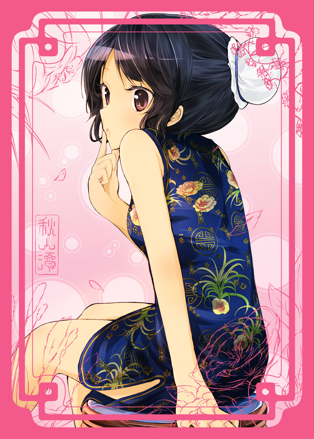 nishiuri warito, akiyama mio, k-on!, bad id, bad pixiv id, highres, 00s, 1girl, alternate hairstyle, black hair, brown eyes, bun cover, china dress, chinese clothes, dress, female focus, floral print, flower, hair bun, open mouth, single hair bun, solo