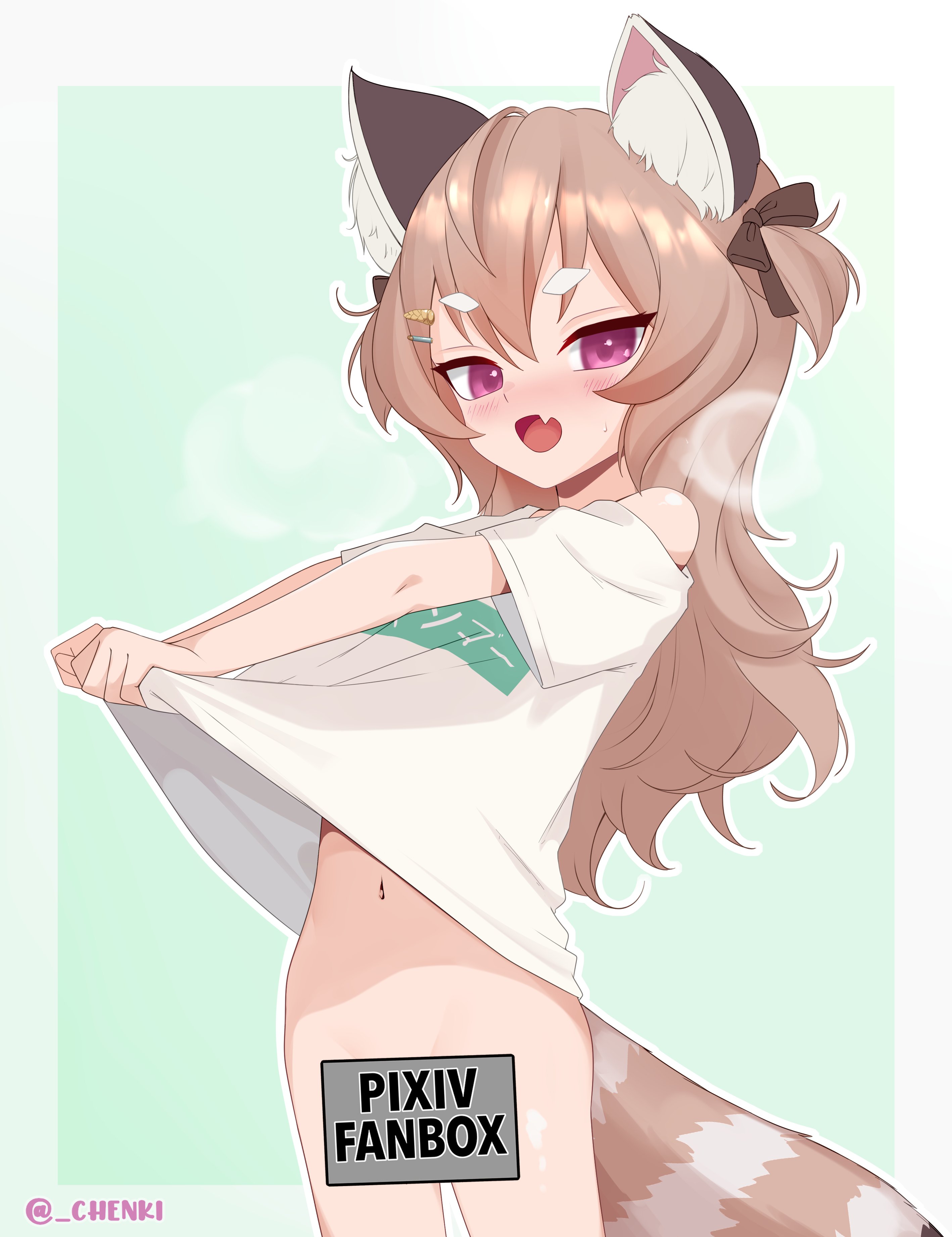 chenki (chenki), komachi panko, phase connect, absurdres, commentary, highres, paid reward available, symbol-only commentary, 1girl, animal ears, blush, bottomless, bow, brown hair, clothes lift, fang, lifting own clothes, long hair, navel, nose blush, open mouth, shirt, shirt lift, smile, solo, tail, white shirt