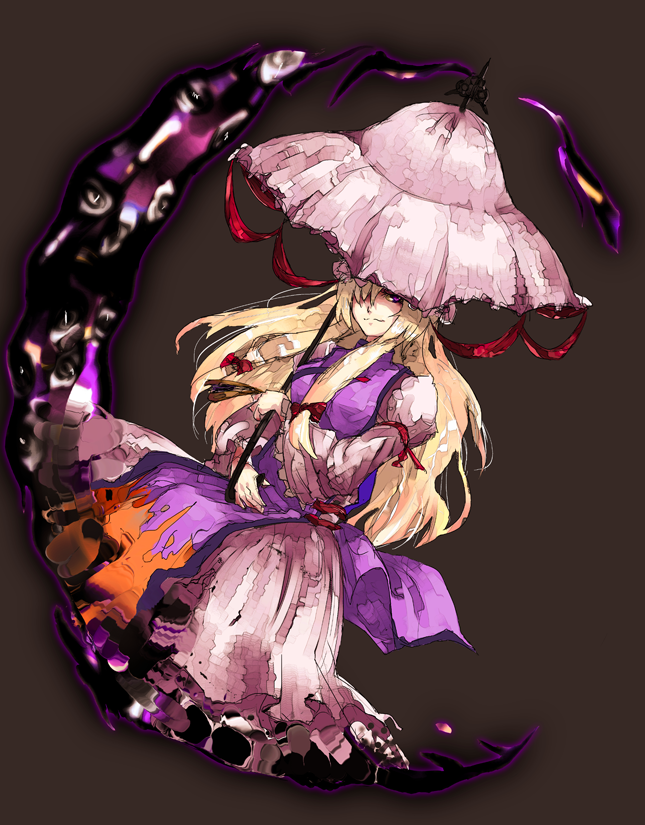 nijiru, yakumo yukari, touhou, bad id, bad pixiv id, 1girl, blonde hair, dress, female focus, gap (touhou), gradient background, hair over one eye, hat, long hair, purple eyes, ribbon, smile, smirk, solo, umbrella