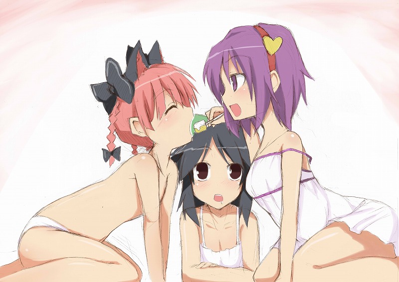 morino harifu, kaenbyou rin, komeiji satori, reiuji utsuho, touhou, 3girls, animal ears, black hair, blush, bow, braid, brown eyes, camisole, cat ears, cat girl, closed eyes, crossed arms, feeding, female focus, flat chest, food, hairband, heart, kneeling, leaning forward, long hair, multiple girls, open mouth, panties, profile, purple eyes, purple hair, red hair, ribbon, saliva, short hair, sitting, sketch, strap slip, topless female, twin braids, twintails, underwear, underwear only