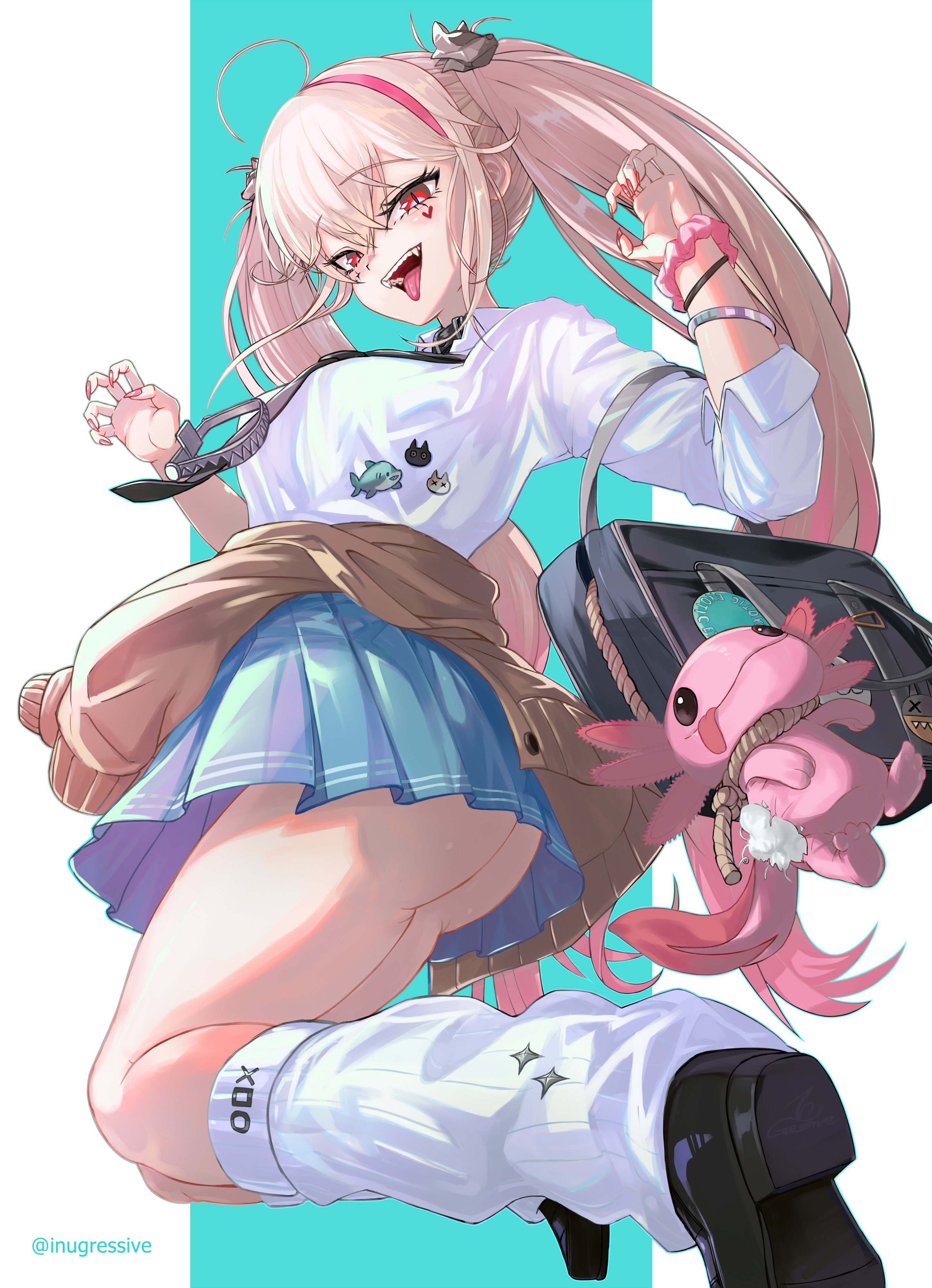 inugressive, jackal (class troublemaker) (nikke), jackal (nikke), goddess of victory: nikke, 1girl, ahoge, alternate costume, ass, bag, blush, breasts, clothes around waist, fang, fingernails, from below, hairband, jacket, jacket around waist, long fingernails, long hair, official alternate costume, open mouth, pink hair, red eyes, school uniform, shirt, skirt, smile, socks, solo, tongue, tongue out, twintails, very long hair