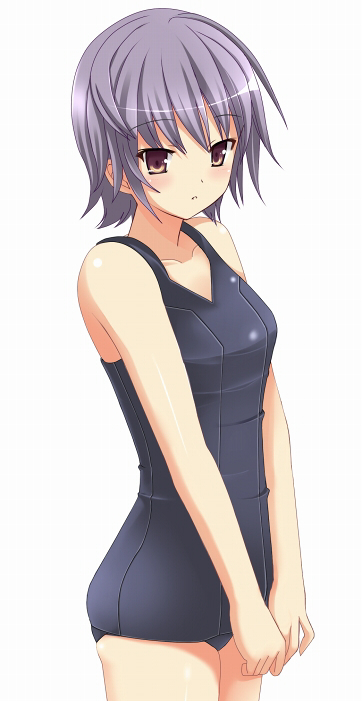 kawabata mizuki, nagato yuki, suzumiya haruhi no yuuutsu, 00s, bob cut, brown eyes, grey hair, one-piece swimsuit, school swimsuit, short hair, solo, swimsuit