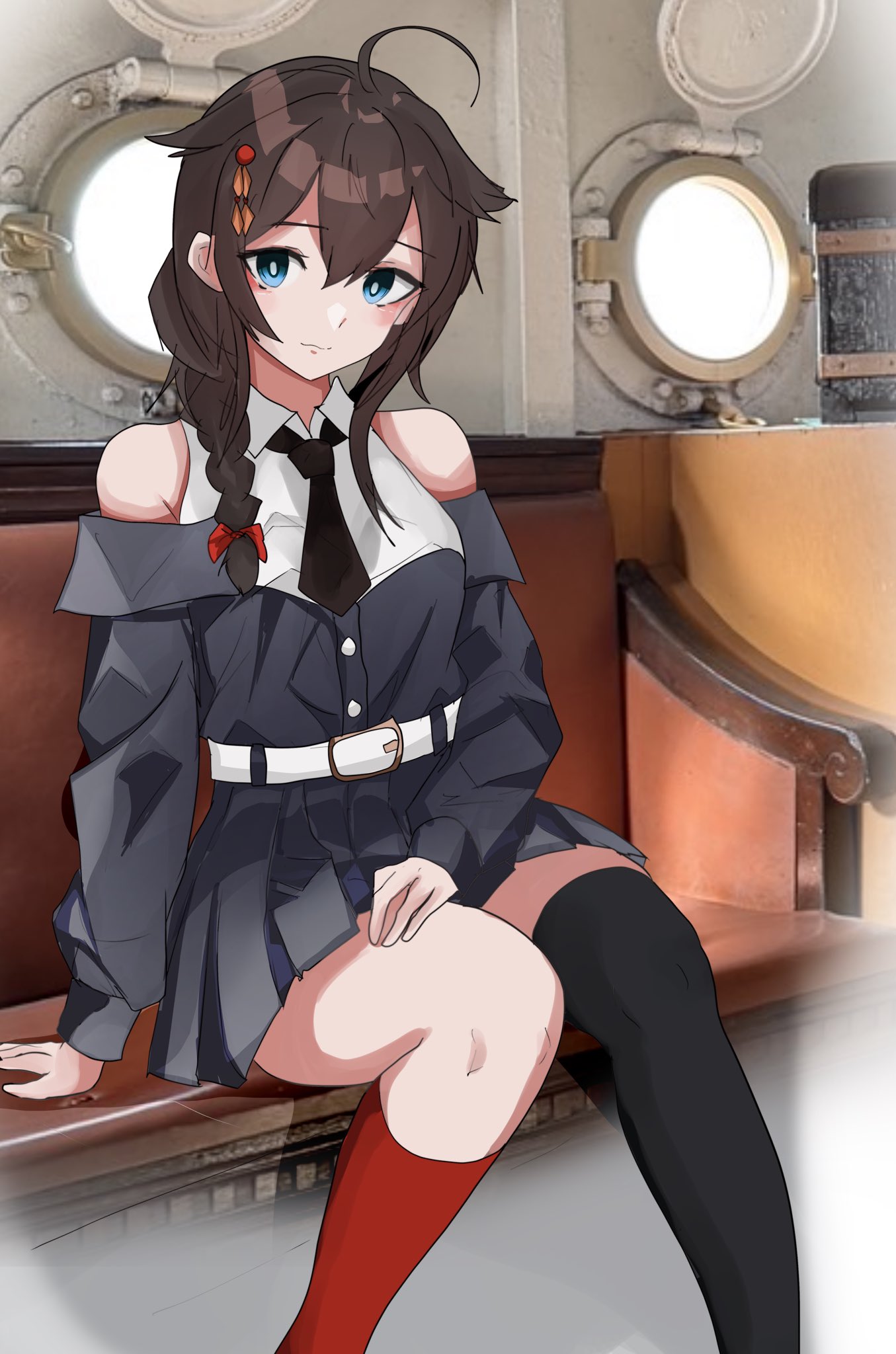 miron (mirona33), shigure (kancolle), shigure kai san (kancolle), kantai collection, commentary request, highres, 1girl, ahoge, asymmetrical legwear, belt, black dress, black hair, black necktie, black thighhighs, blue eyes, braid, detached sleeves, dress, feet out of frame, hair flaps, hair over shoulder, long hair, looking at viewer, necktie, official alternate costume, porthole, red socks, shigure (yokosuka) (kancolle), single braid, single thighhigh, sitting, socks, solo, thighhighs, uneven legwear, white belt