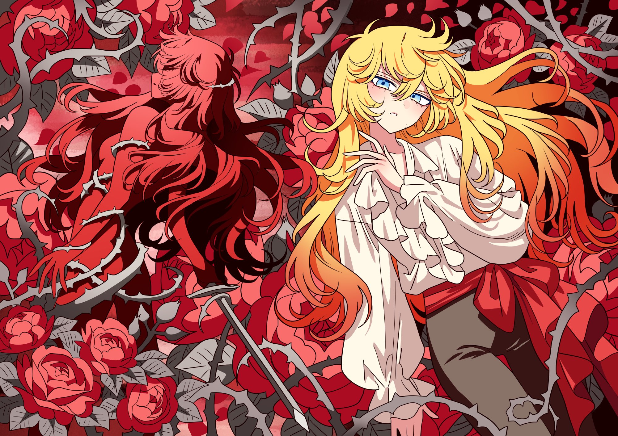 meremero, oscar francois de jarjayes, versailles no bara, bad id, bad twitter id, highres, 1girl, black pants, blonde hair, blue eyes, bound, floral background, flower, frilled shirt, frills, hand up, long hair, long sleeves, looking at viewer, multiple views, pants, plant, puffy long sleeves, puffy sleeves, red background, red flower, red rose, rose, shirt, standing, thorns, tied up (nonsexual), vines, white shirt