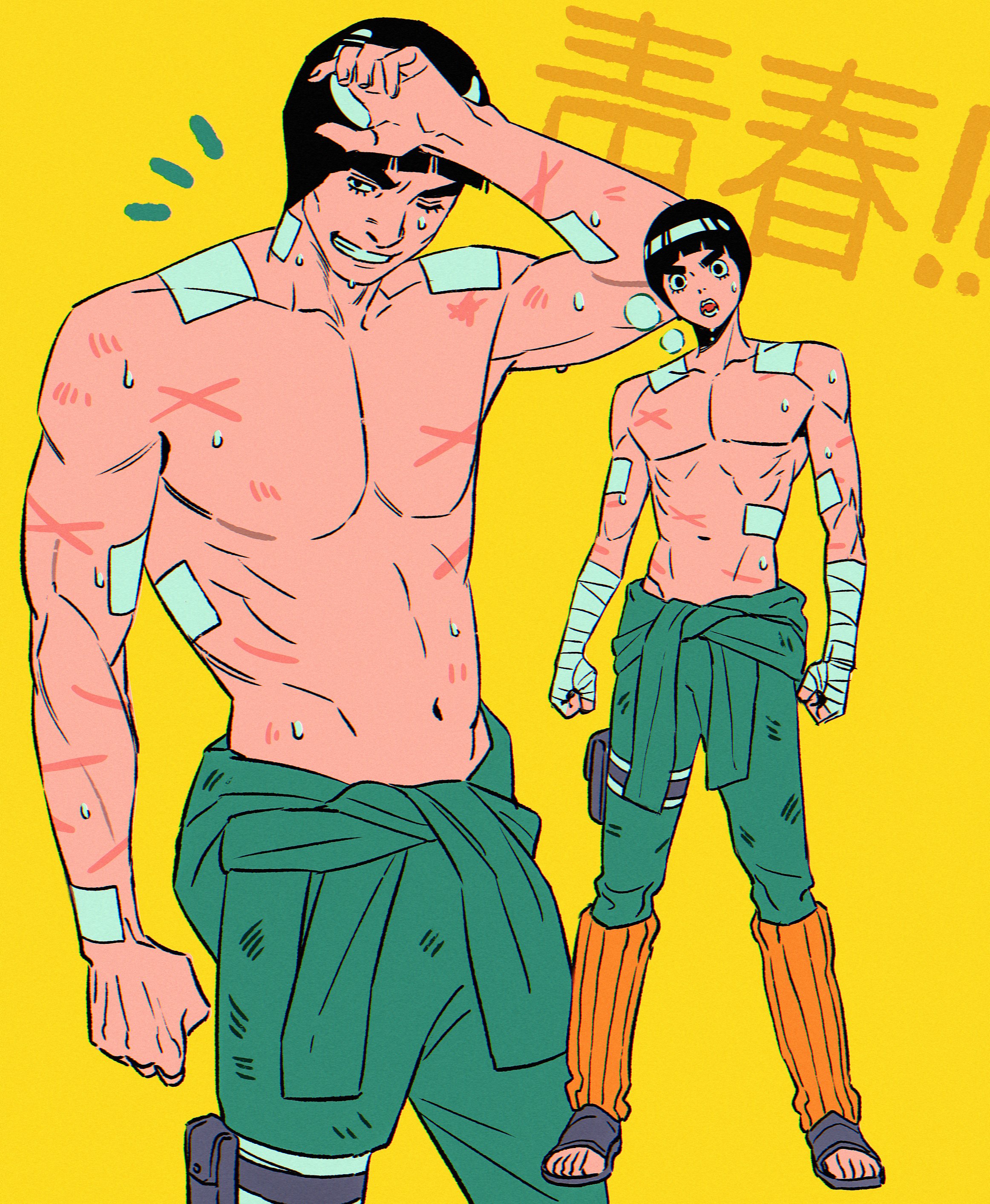 might guy, rock lee, naruto (series), absurdres, commentary request, highres, korean commentary, 2boys, bandaged arm, bandaged hand, bandages, bandaid, bandaid on arm, bandaid on shoulder, bandaid on stomach, black eyes, black hair, blunt bangs, bodysuit, bowl cut, clenched hands, cowboy shot, cross scar, full body, green bodysuit, grin, heavy breathing, leg warmers, m0 mo momo, male focus, multiple boys, navel, open-toe shoes, open mouth, orange leg warmers, parted lips, pouch, scar, scar on arm, scar on chest, scar on stomach, short hair, smile, sweat, teeth, thick eyebrows, thigh pouch, toned, toned male, topless male, wiping sweat, yellow background
