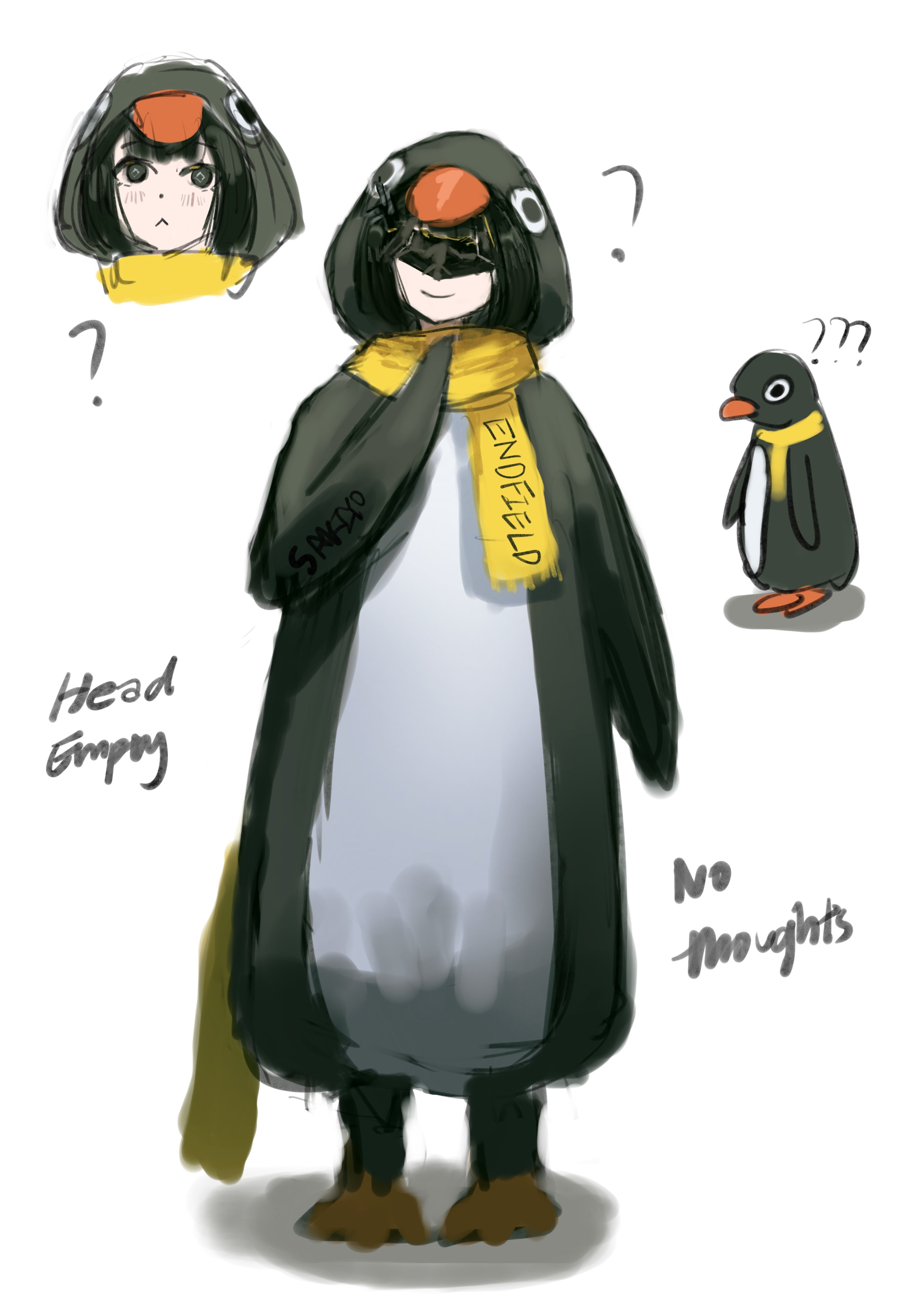 sakiyo, endministrator (arknights), female endministrator (arknights), arknights, arknights: endfield, absurdres, commentary, english commentary, highres, 1girl, :<, ?, ??, animal costume, artist name, bird, black eyes, black hair, closed mouth, copyright name, cropped head, diamond-shaped pupils, diamond (shape), eye mask, full body, light blush, looking at viewer, mask, meme, multiple views, no mask, no thoughts head empty (meme), penguin, penguin costume, pointing, pointing at self, shadow, shawl, simple background, smile, symbol-shaped pupils, white background, yellow shawl