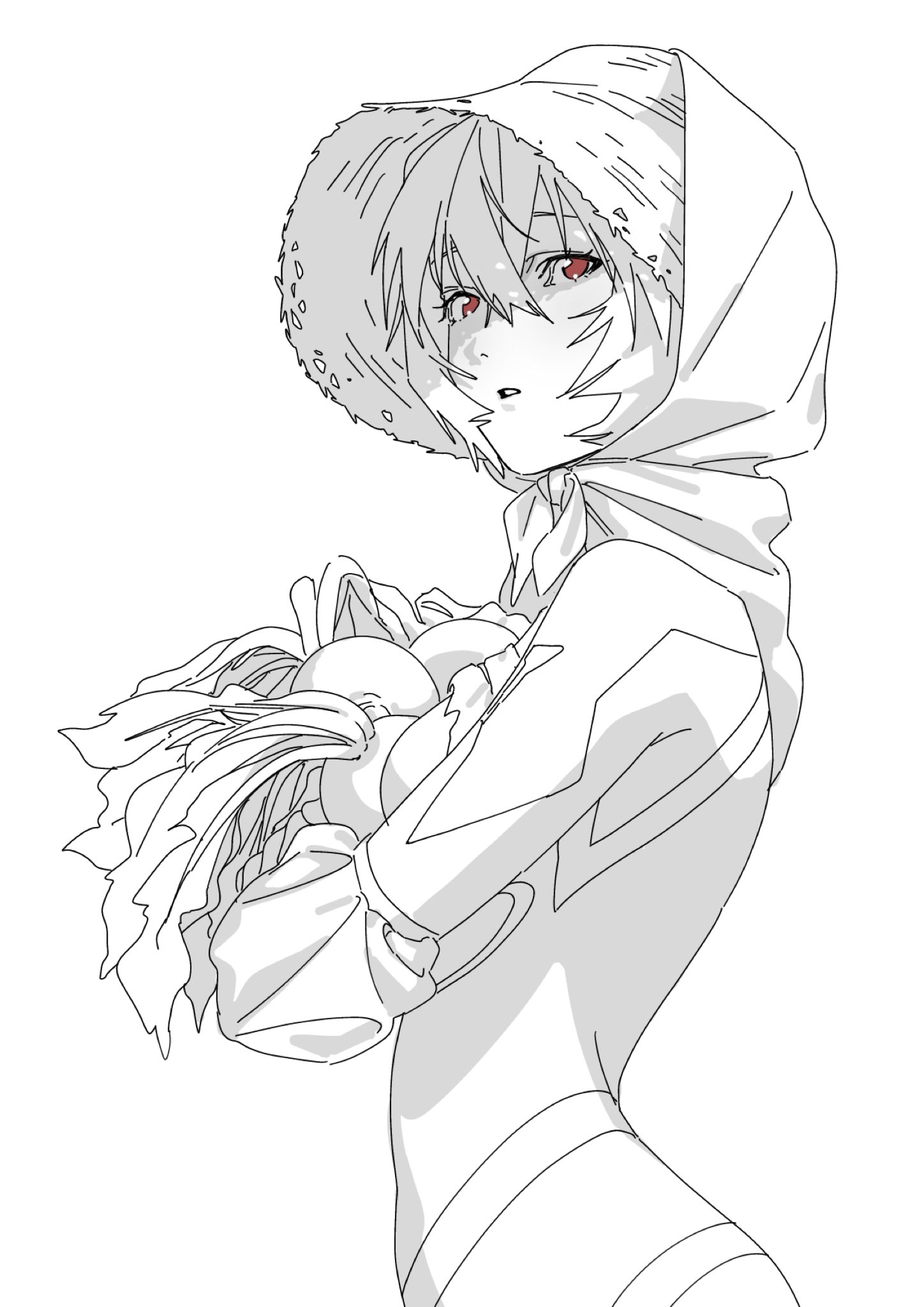 kena131, ayanami rei, neon genesis evangelion, highres, 1girl, breasts, crossed bangs, food, hair between eyes, hat, headscarf, holding, holding food, holding vegetable, hood, hood up, mecha pilot suit, medium breasts, parted lips, plugsuit (evangelion), red eyes, short hair, solo, spot color, straw hat, sun hat, upper body, vegetable, white background