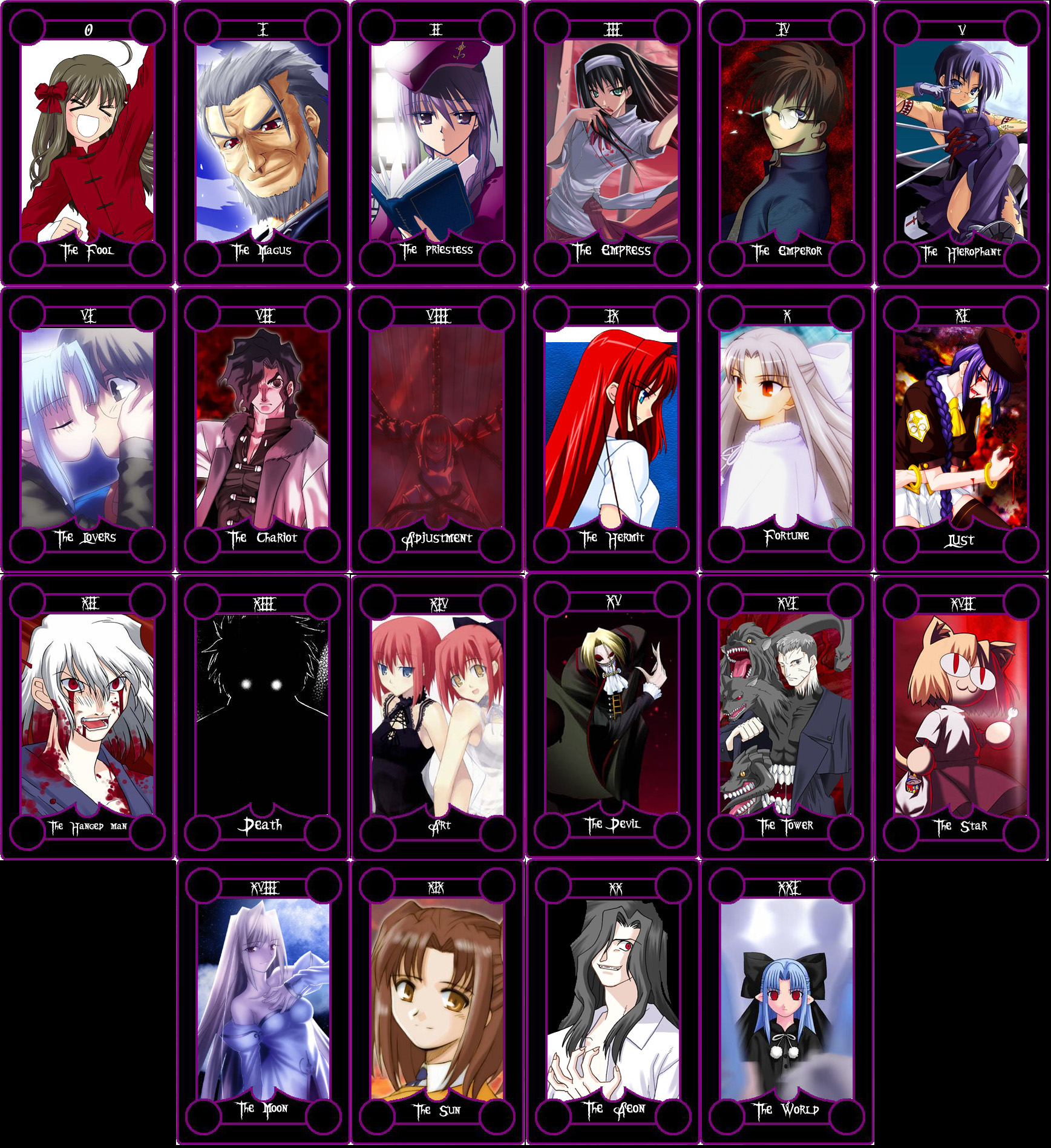 aozaki aoko, arcueid brunestud, arima miyako, ciel (tsukihime), hisui (tsukihime), kischur zelretch schweinorg, kishima kouma, kohaku (tsukihime), len (tsukihime), michael roa valdamjong, nanaya shiki, neco-arc, neko arc, night of wallachia, nrvnqsr chaos, sion eltnam (type-moon), sion eltnam atlasia, tohno akiha, tohno shiki, tohno shiki (2), white len (tsukihime), yumizuka satsuki, tsukihime, highres, 00s, 6+boys, 6+girls, card (medium), everyone, multiple boys, multiple girls, siblings, sisters, tarot, tarot (medium), twins