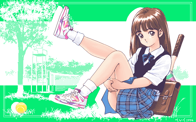 teiku (take), character request, commentary request, copyright request, 1990s (style), 1girl, artist name, bag, ball, blue bow, blue bowtie, blue skirt, blue vest, bow, bowtie, breasts, brown eyes, brown hair, colored shadow, convenient censoring, cross-laced shoes, dated, dated commentary, dithering, drop shadow, feet up, full body, grass, green background, hugging own legs, legs up, long hair, looking at viewer, medium breasts, miniskirt, on grass, own hands together, pc-98 (style), pink shoes, pixel art, plaid clothes, plaid skirt, pleated skirt, racket, retro artstyle, school uniform, shadow, shirt, shoes, short sleeves, signature, sitting, skirt, sneakers, socks, solo, straight hair, tennis ball, tennis racket, tree, two-tone background, umpire chair, vest, white shirt, white socks