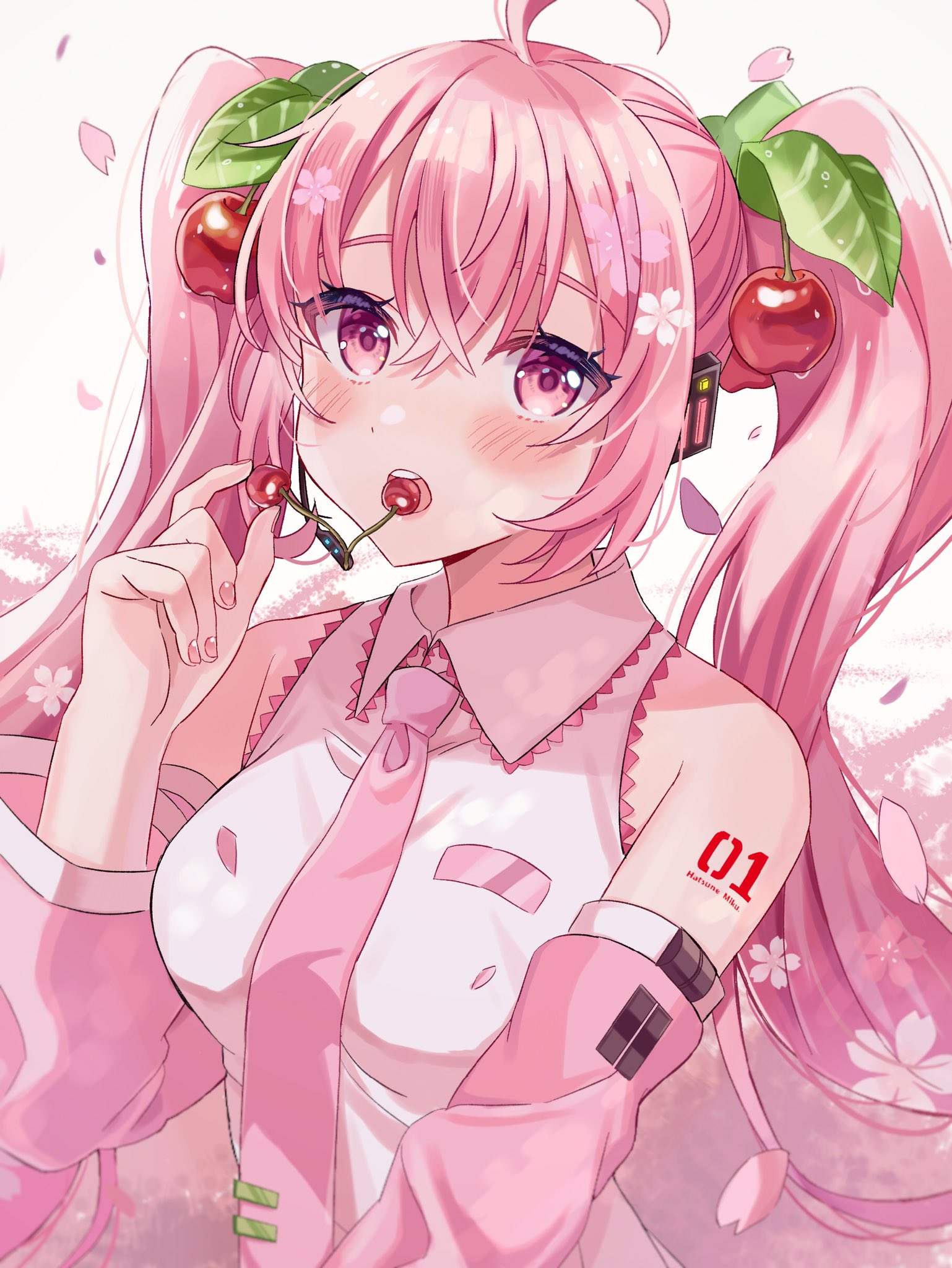 hachikawa mitsu, hatsune miku, sakura miku, vocaloid, commentary request, highres, 1girl, ahoge, arm tattoo, bare shoulders, blush, breasts, character name, cherry, cherry blossoms, cherry hair ornament, collarbone, collared shirt, detached sleeves, flower, food, food-themed hair ornament, fruit, hair ornament, headset, holding, holding cherry, holding food, holding fruit, long hair, long sleeves, looking at viewer, medium breasts, necktie, number tattoo, open mouth, pink eyes, pink hair, pink nails, pink necktie, shirt, sleeveless, sleeveless shirt, solo, tattoo, twintails, upper body, very long hair, white shirt, white trim, wide sleeves