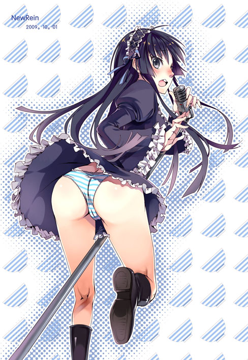 ushi (newrein), akiyama mio, k-on!, bad id, bad pixiv id, 00s, 1girl, ass, black eyes, black hair, blunt bangs, blush, cameltoe, dress, female focus, hime cut, long hair, microphone, microphone stand, panties, solo, straddling, striped clothes, striped panties, underwear