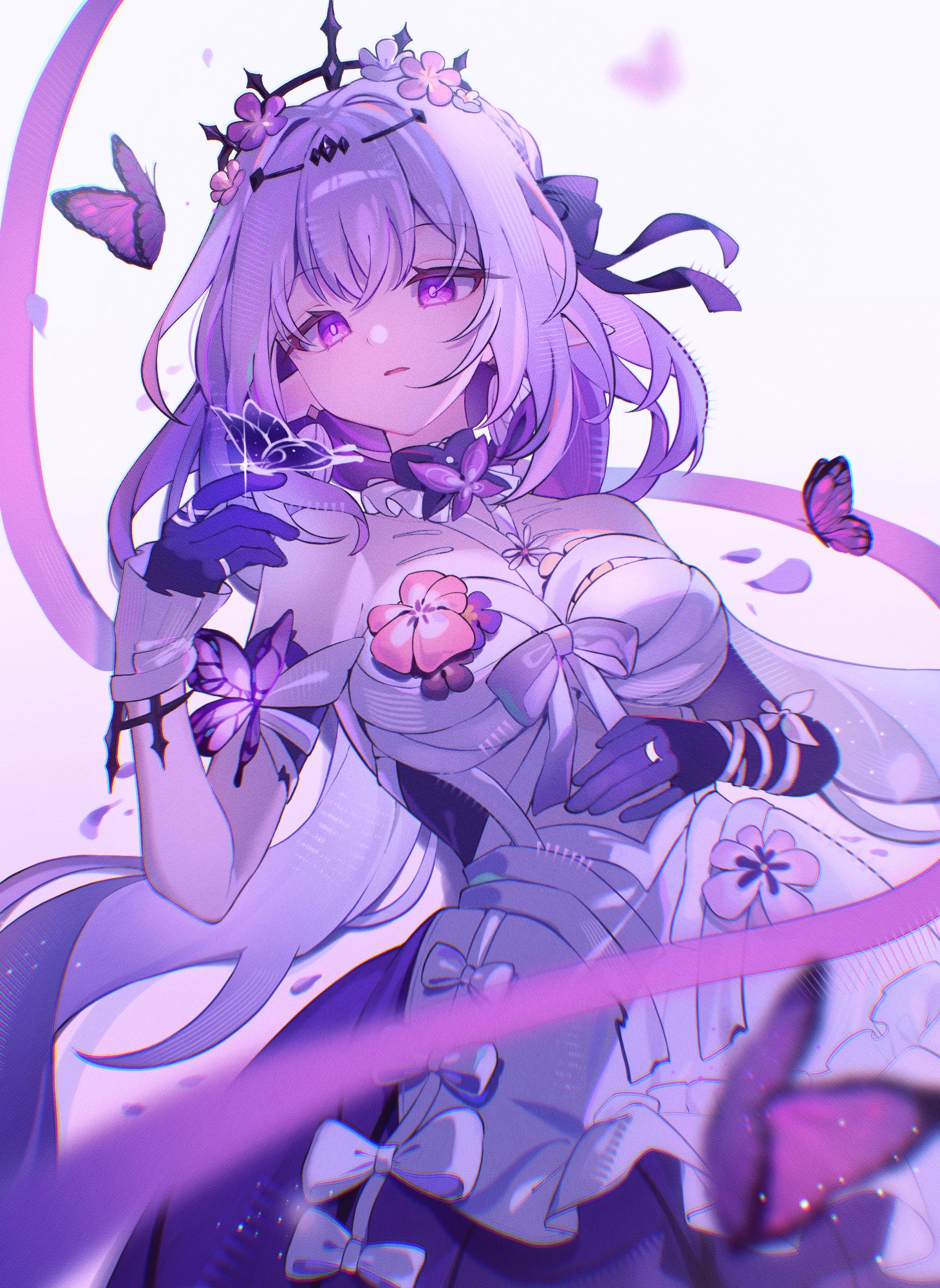 pino (pino2452), castorice (honkai: star rail), honkai: star rail, honkai (series), hashtag-only commentary, highres, 1girl, bandages, bare shoulders, breasts, bug, butterfly, collarbone, crown, dress, flower, gloves, hair flower, hair ornament, insect, long hair, medium breasts, parted lips, pink hair, pointy ears, purple eyes, solo, white dress