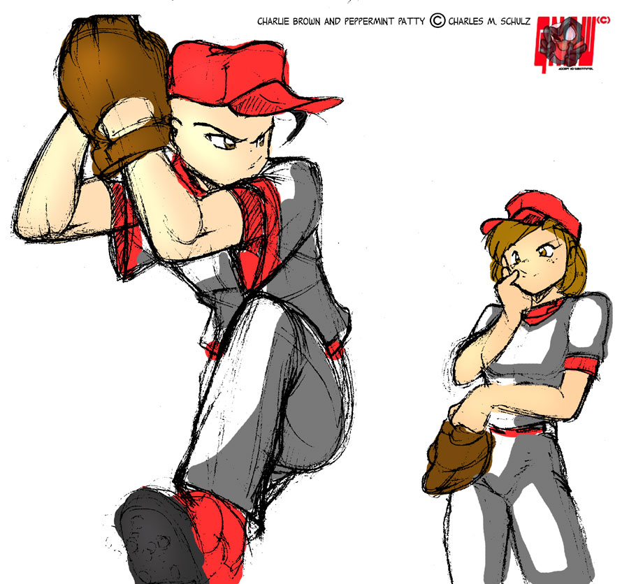 gnaw, charlie brown, peppermint patty, peanuts (comic), 1boy, 1girl, :/, ahoge, alternate costume, animification, artist name, bald, baseball, baseball cap, baseball uniform, black hair, brown eyes, brown hair, character name, cleats, freckles, gloves, hand on own chin, hat, leg lift, looking at another, looking to the side, pants, parody, pitching, shirt, shoes, short hair, short sleeves, simple background, single glove, sketch, sneakers, sportswear, standing, stroking own chin, style parody, swept bangs, unworn gloves, white background, wide sleeves