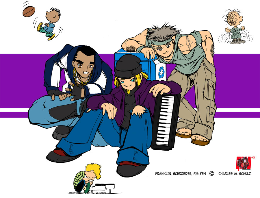 gnaw, franklin (peanuts), franklin bordeau, pig pen, schroeder (peanuts), peanuts (comic), 3boys, animification, arm hair, contemporary, dark-skinned male, dark skin, denim, fingerless gloves, gloves, hand in pocket, headband, instrument, jacket, jeans, jewelry, keyboard (instrument), male focus, multiple boys, pants, ring, sandals, squatting, tattoo, torn clothes, torn jeans, torn pants, track jacket