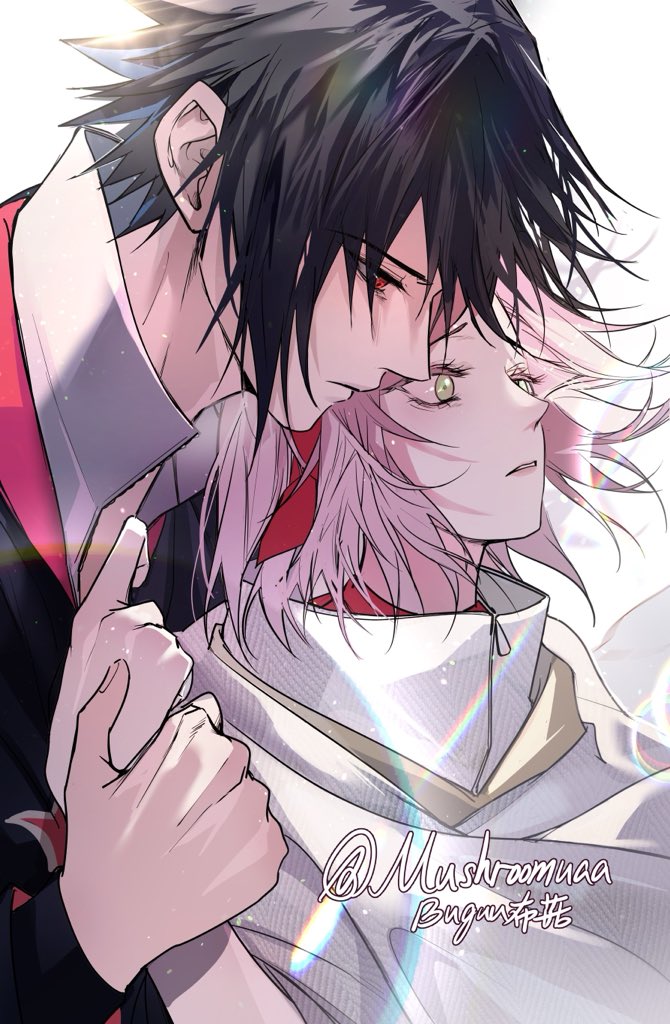 mushroomuaa, haruno sakura, uchiha sasuke, naruto (series), naruto shippuuden, 1boy, 1girl, akatsuki uniform, black hair, cloak, collared shirt, green eyes, hair between eyes, hairband, hetero, holding another's wrist, parted bangs, parted lips, pink hair, red eyes, red hairband, shirt, twitter username, upper body, white background, white cloak