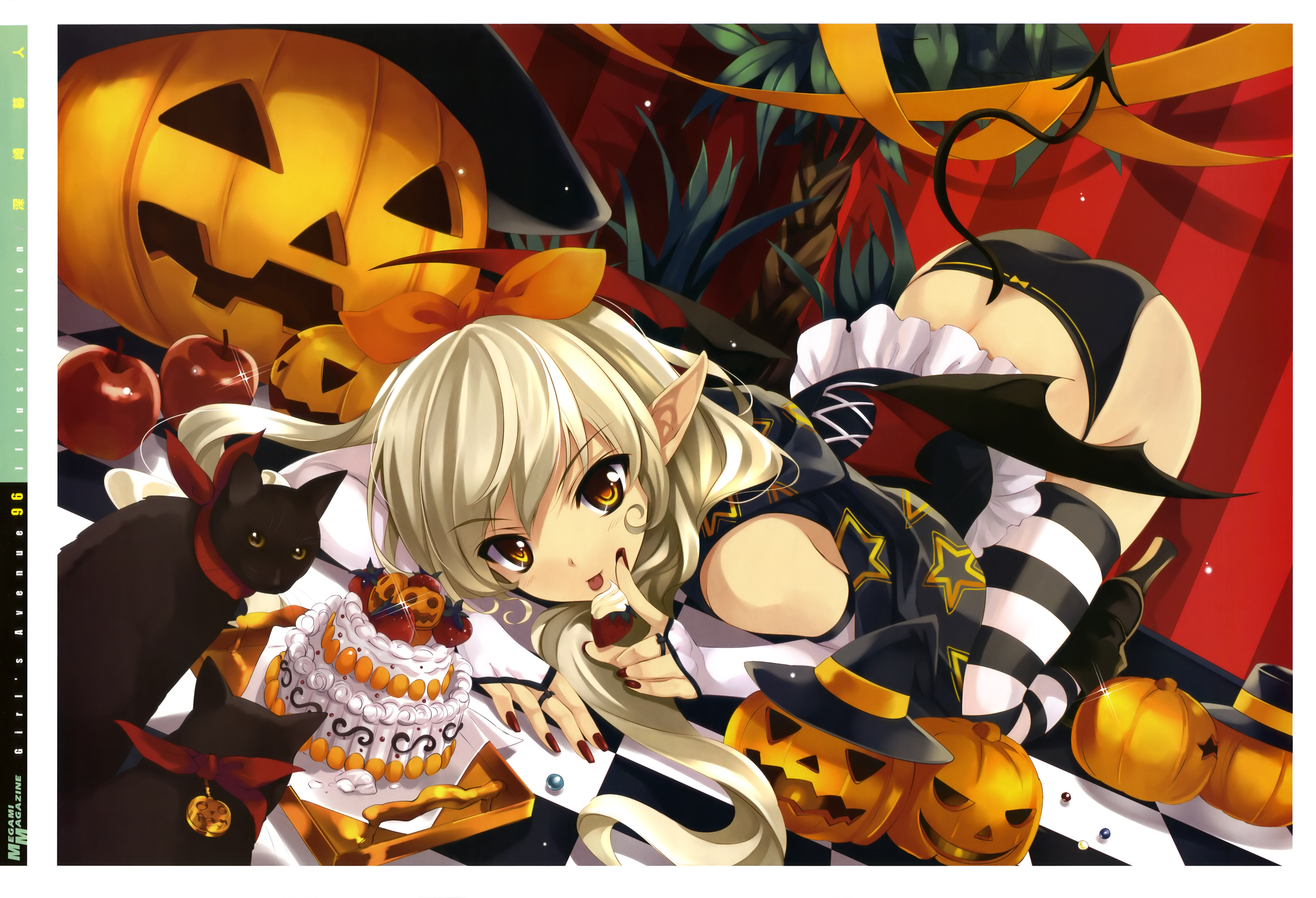 cradle (circle), misaki kurehito, girl's avenue, absurdres, copyright request, highres, scan, 1girl, :p, apple, ass, back, bare shoulders, black cat, black panties, black thighhighs, blue thighhighs, blush, bridal gauntlets, cake, candle, cat, checkered floor, corset, cream, demon girl, demon tail, dessert, dutch angle, female focus, fingernails, floor, food, frills, fruit, hair ribbon, halloween, hat, high heels, holding, holding food, holding fruit, indoors, jack-o'-lantern, long fingernails, long hair, looking at viewer, nail polish, naughty face, no pants, on floor, panties, pointing, pointy ears, pumpkin, red nails, ribbon, scarf, shoes, solo, star (symbol), strawberry, striped clothes, striped thighhighs, tail, thighhighs, tongue, tongue out, top-down bottom-up, top hat, tray, underwear, white hair, witch hat, yellow eyes