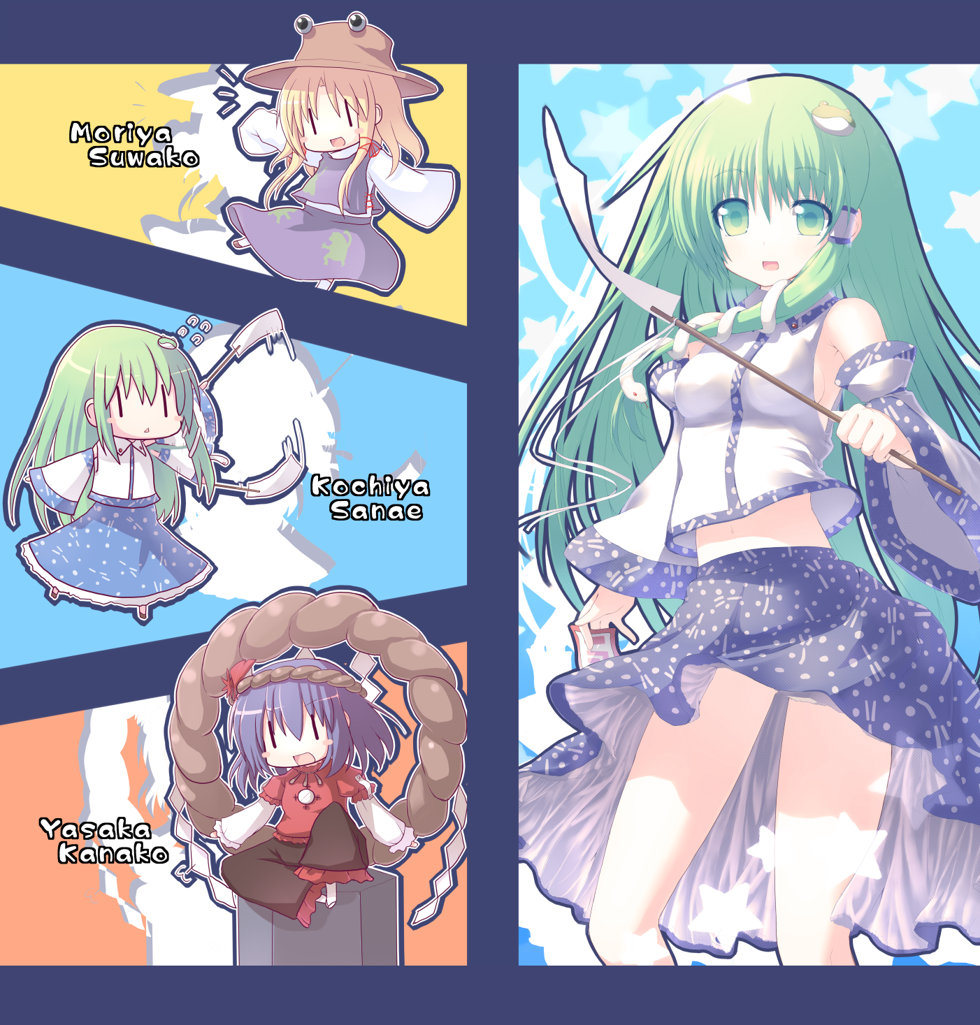 hiraga matsuri, hirasato, kochiya sanae, moriya suwako, yasaka kanako, touhou, highres, 3girls, :<, blonde hair, breasts, chibi, detached sleeves, female focus, frog, green eyes, green hair, hair ornament, hat, japanese clothes, miko, multiple girls, multiple views, onbashira, purple hair, rope, short hair, skirt, snake, | |