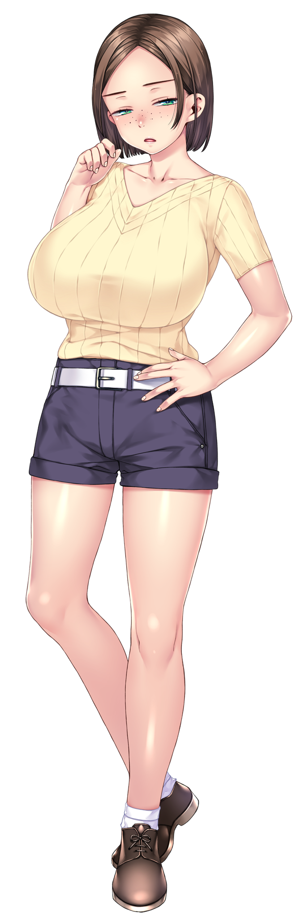sumeragi kohaku, akihara shiho, sexfri osananajimi, 1girl, belt, breasts, brown hair, brown shoes, collarbone, denim, denim shorts, freckles, full body, green eyes, half-closed eyes, hand on own hip, hand up, head tilt, huge breasts, knees, medium hair, open mouth, parted bangs, ribbed shirt, serious, shirt, shirt tucked in, shoes, short shorts, short sleeves, shorts, sidelocks, simple background, socks, standing, taut clothes, taut shirt, transparent background, v-neck, white belt, white socks