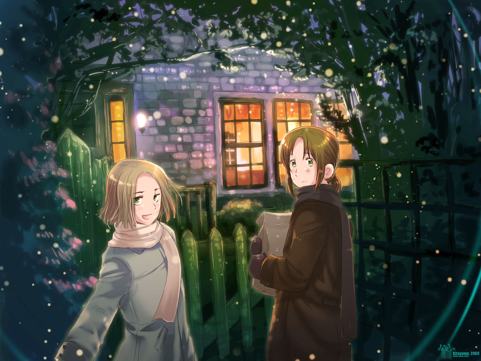 himaruya hidekazu, lithuania (hetalia), poland (hetalia), axis powers hetalia, highres, 00s, 2boys, blonde hair, blush, brown hair, coat, green eyes, male focus, mittens, multiple boys, nature, outdoors, plant, ponytail, scarf, scenery