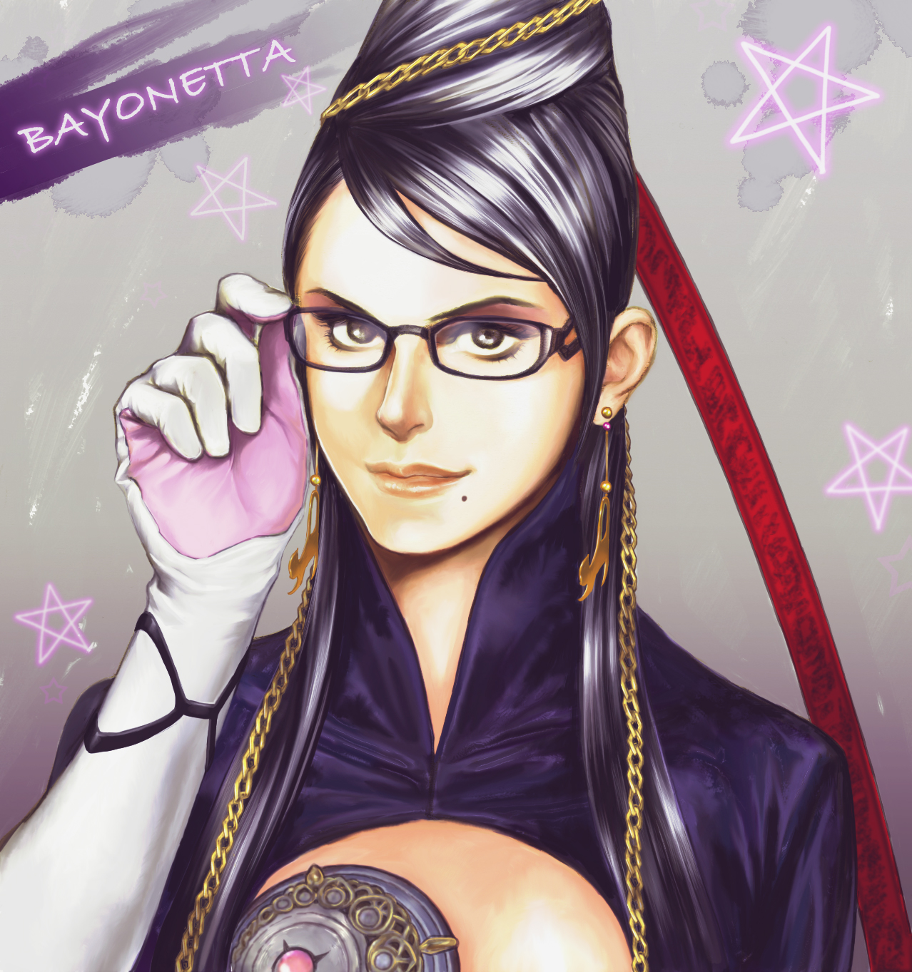 dexm, bayonetta, bayonetta (series), highres, black hair, chain, earrings, glasses, gloves, grey eyes, hair bun, jewelry, long hair, mole, red ribbon, ribbon, single hair bun