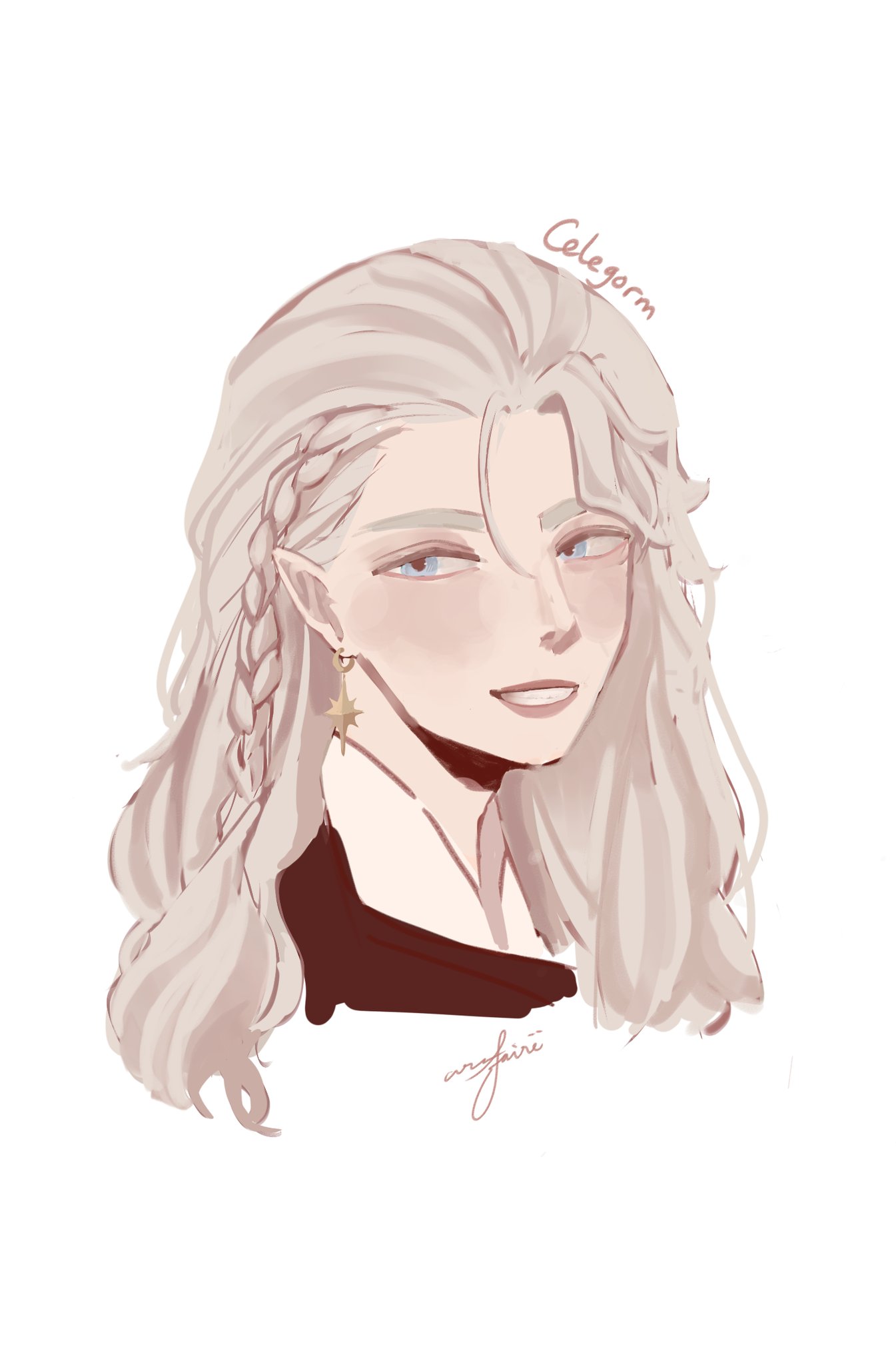 aarafaire, celegorm, the silmarillion, tolkien's legendarium, 1boy, blue eyes, braid, character name, earrings, elf, grey hair, hair between eyes, jewelry, long hair, male focus, parted lips, pointy ears, signature, simple background, smile, solo, teeth, upper body, white background