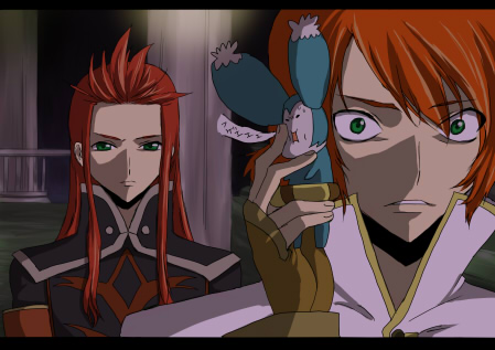 asch (tales), luke fon fabre, mieu (tales), code geass, tales of (series), tales of the abyss, lowres, 2boys, green hair, multiple boys, parody, red hair