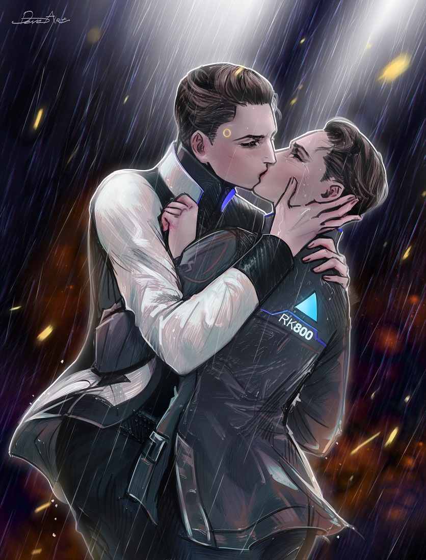 develvdeva, connor (detroit), detroit: become human, commentary, english commentary, 2boys, closed eyes, closed mouth, crying, forced, forced kiss, full body, grabbing from behind, jacket, kiss, male focus, multiple boys, rain, rk900 (detroit), watermark, yaoi