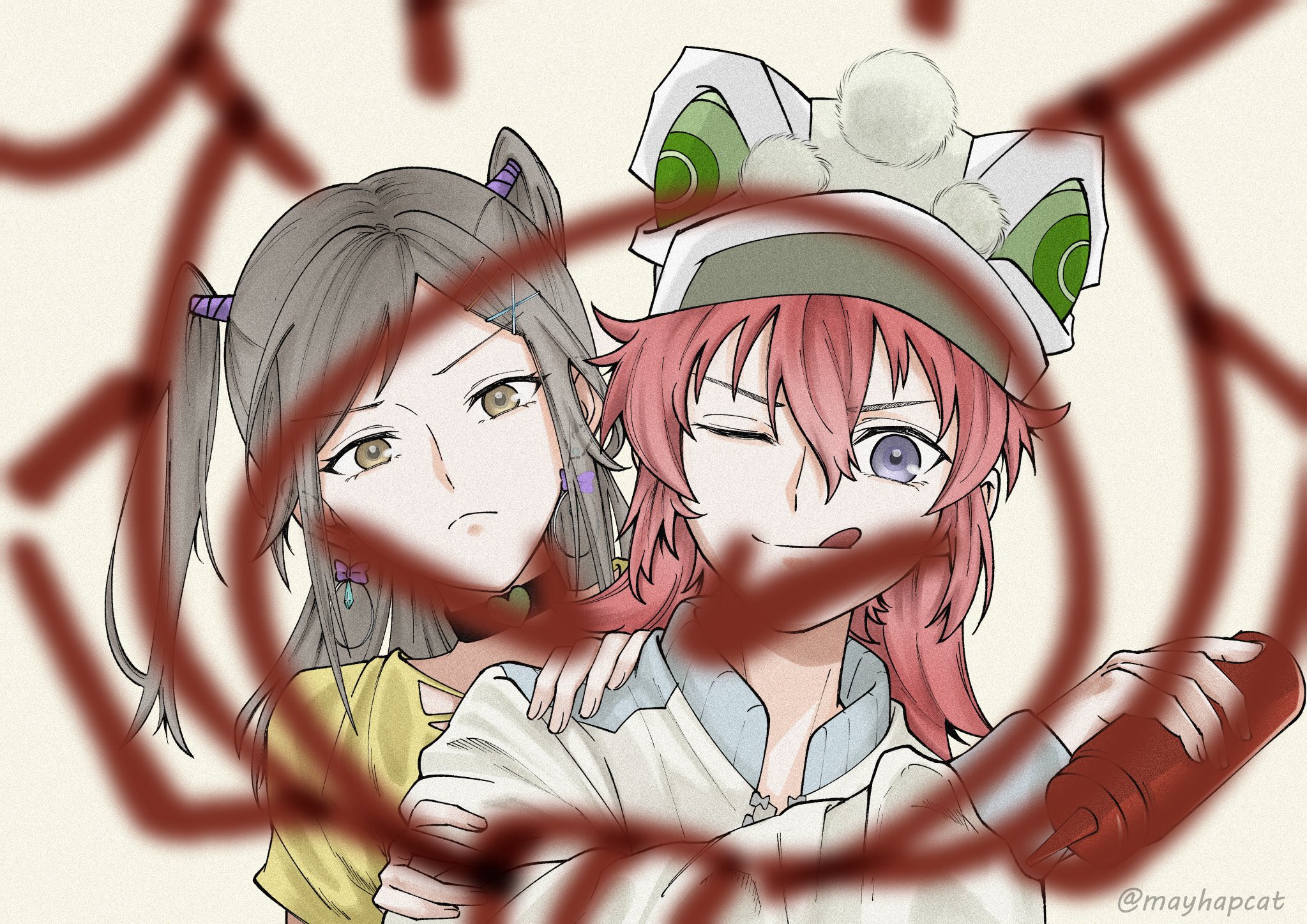 loli (to be hero x), to be hero, to be hero x, commentary request, highres, 2girls, black choker, bottle, brown eyes, brown hair, choker, grey eyes, hair between eyes, hair ornament, hairclip, half updo, hand on another's shoulder, heart, heart choker, holding, holding bottle, jacket, ketchup bottle, mayhapcat, multiple girls, one eye closed, pink hair, pom pom hat ornament, shirt, smile, swept bangs, tongue, tongue out, twintails, twitter username, wang nuonuo, white jacket, x hair ornament, yellow shirt