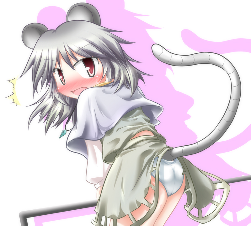 baerun, nazrin, touhou, 1girl, animal ears, ass, blush, clothes lift, female focus, grey hair, jewelry, lifted by tail, mouse ears, mouse tail, panties, pendant, short hair, skirt, skirt lift, solo, tail, underwear, white background