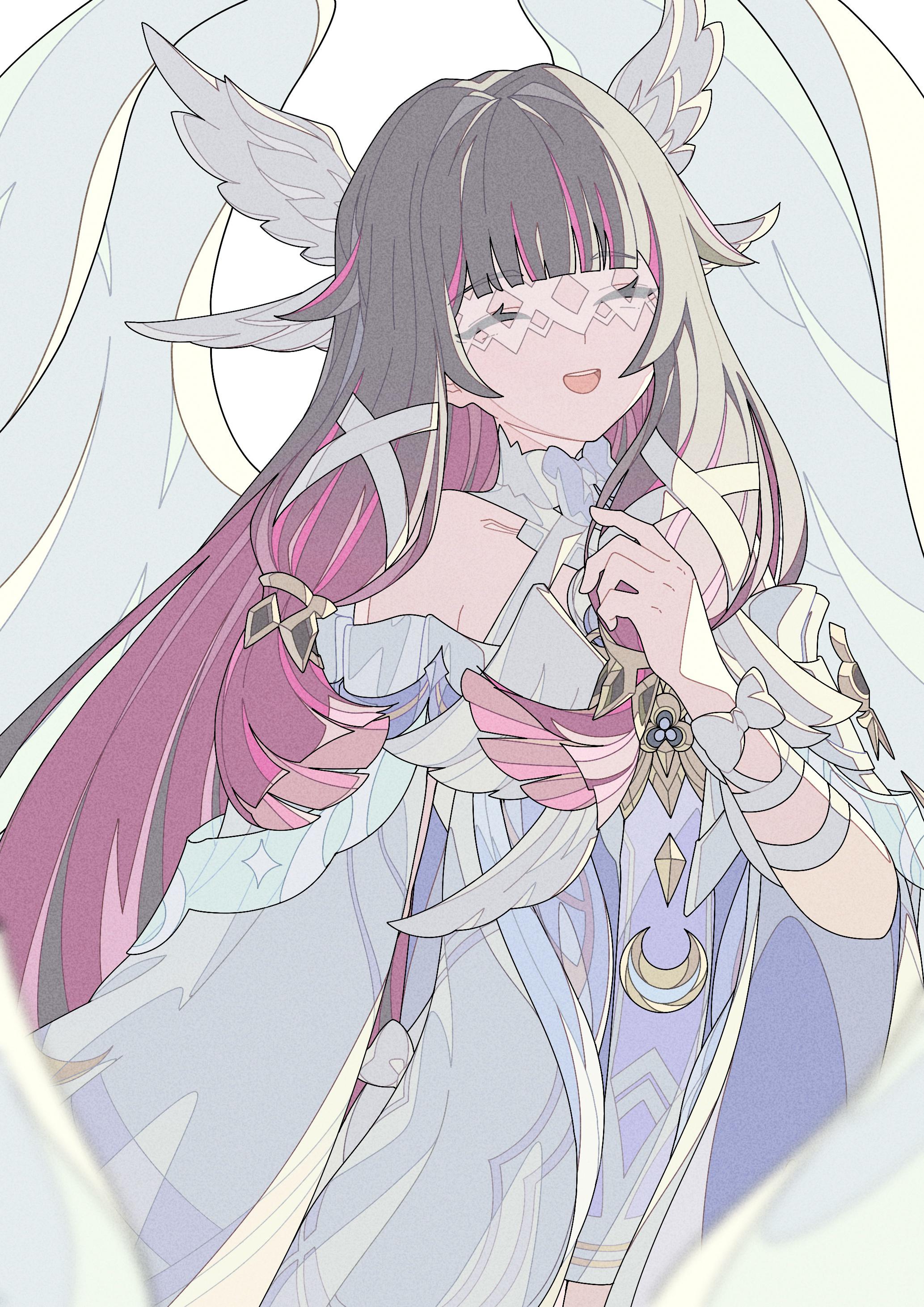 ruogong qingyue, columbina (genshin impact), genshin impact, absurdres, chinese commentary, commentary request, highres, 1girl, bare shoulders, black hair, bow, closed eyes, dress, hair ornament, hand up, long hair, multicolored hair, open mouth, purple hair, solo, teeth, upper body, upper teeth only, very long hair, white bow, white dress, wing hair ornament, wings