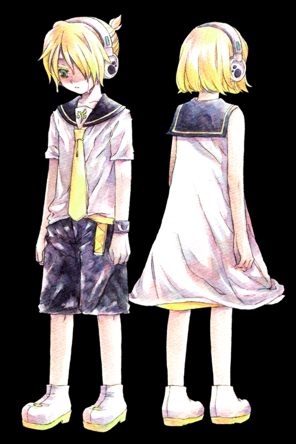 a-gatha, kagamine len, kagamine rin, paradichlorobenzene (vocaloid), vocaloid, bad id, bad pixiv id, 1boy, 1girl, blonde hair, brother and sister, dress, green eyes, hair over one eye, hair ribbon, headphones, necktie, ribbon, sailor dress, short hair, shorts, siblings, twins, yellow necktie