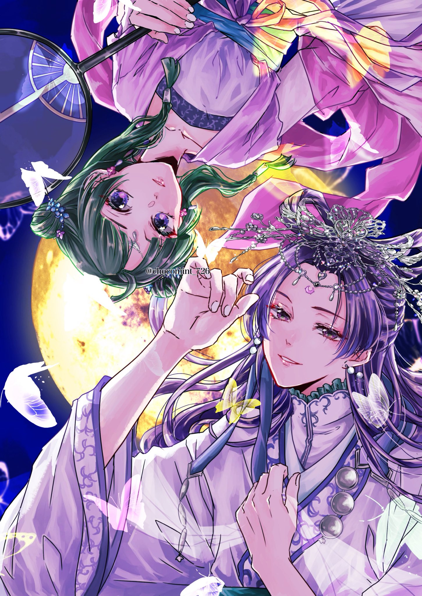 chocomint 726, jinshi (kusuriya no hitorigoto), maomao (kusuriya no hitorigoto), kusuriya no hitorigoto, chinese commentary, commentary request, highres, 1boy, 1girl, blue eyes, bug, butterfly, circlet, double bun, dress, full moon, grey hair, hair bun, hair over shoulder, half updo, hand fan, hand on own chest, headdress, holding, holding fan, insect, light smile, long hair, moon, parted bangs, parted lips, pink dress, pink eyes, purple hair, robe, sidelocks, twintails, upper body, white robe