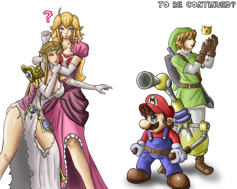fludd, link, mario, princess peach, princess zelda, nintendo, super mario bros. 1, super smash bros., the legend of zelda, tall, ?, blush, bra, cleavage, crown, lingerie, torn clothes, underwear