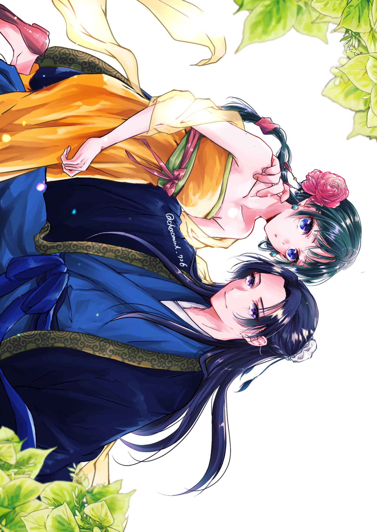 chocomint 726, jinshi (kusuriya no hitorigoto), maomao (kusuriya no hitorigoto), kusuriya no hitorigoto, commentary request, highres, 1boy, 1girl, arm around neck, bare shoulders, black hair, blue eyes, blue robe, bun cover, closed mouth, dot mouth, dress, earrings, flats, flower, green hair, hair bun, hair flower, hair ornament, half updo, hetero, jewelry, light smile, long hair, orange dress, purple eyes, red flower, red shoes, robe, shawl, shoes, strapless, strapless dress, twintails, yellow shawl